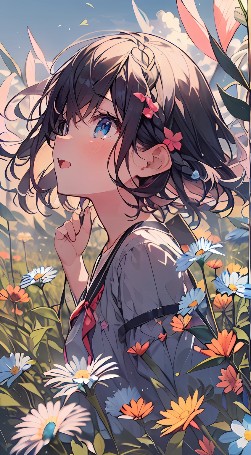 masutepiece, Best Quality,Illustration, Wallpaper, Ultra Detail, Absurd beauty、1 beautiful girl、 (Medium short hair、short braided hair), Beautiful ultra-detailed eyes , Hair fluttering in the wind、Keep your head small、flower field、great outdoors