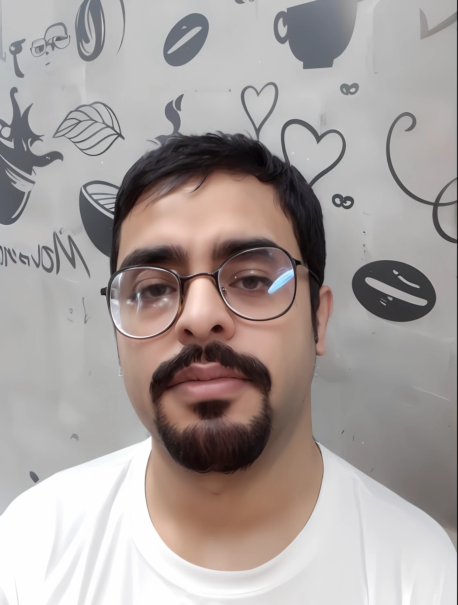 There's a man with glasses and a beard in front of a wall, sem barba, Emad Mostaque, foto portait foto de perfil, com uma barba pequena, sem barba e bigode, foto de perfil profissional, com bigode, with nerdy glasses and goatee, Aykut Aydogdu, Mohamed Chahin, with glasses and goatee, foto de perfil