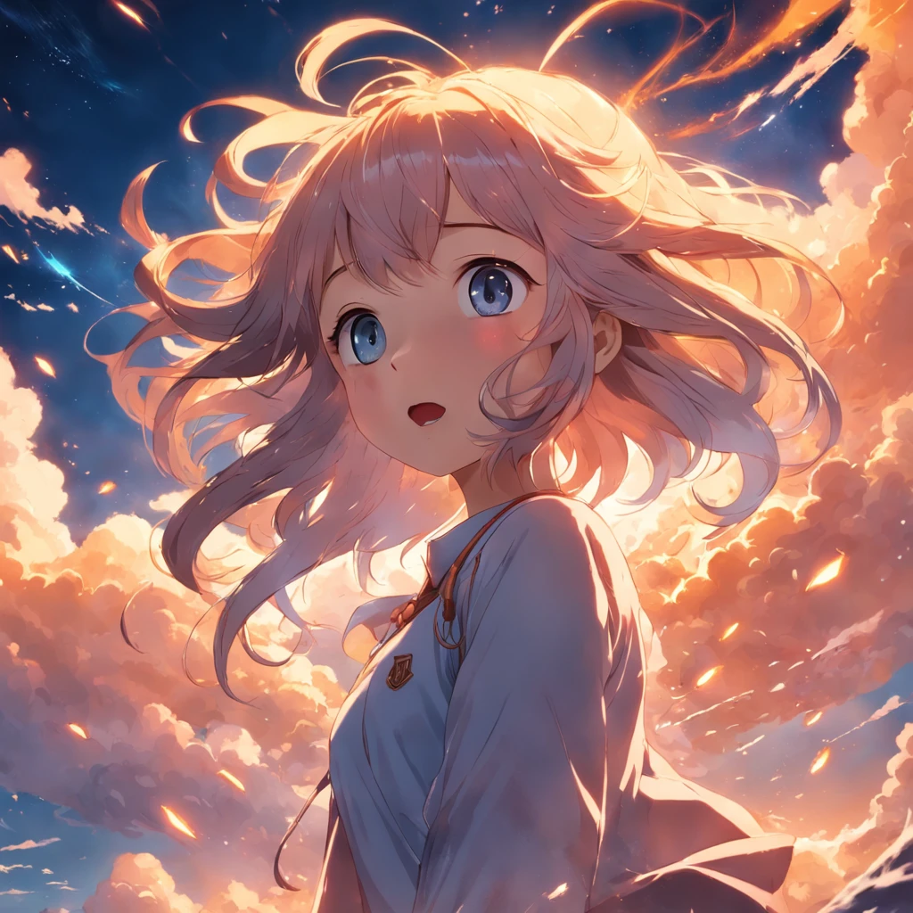 masterpiece, best quality, movie still, 1girl, cloud girl, floating in the sky, close-up, bright, happy, warm soft lighting, sunset, (sparks:0.7)