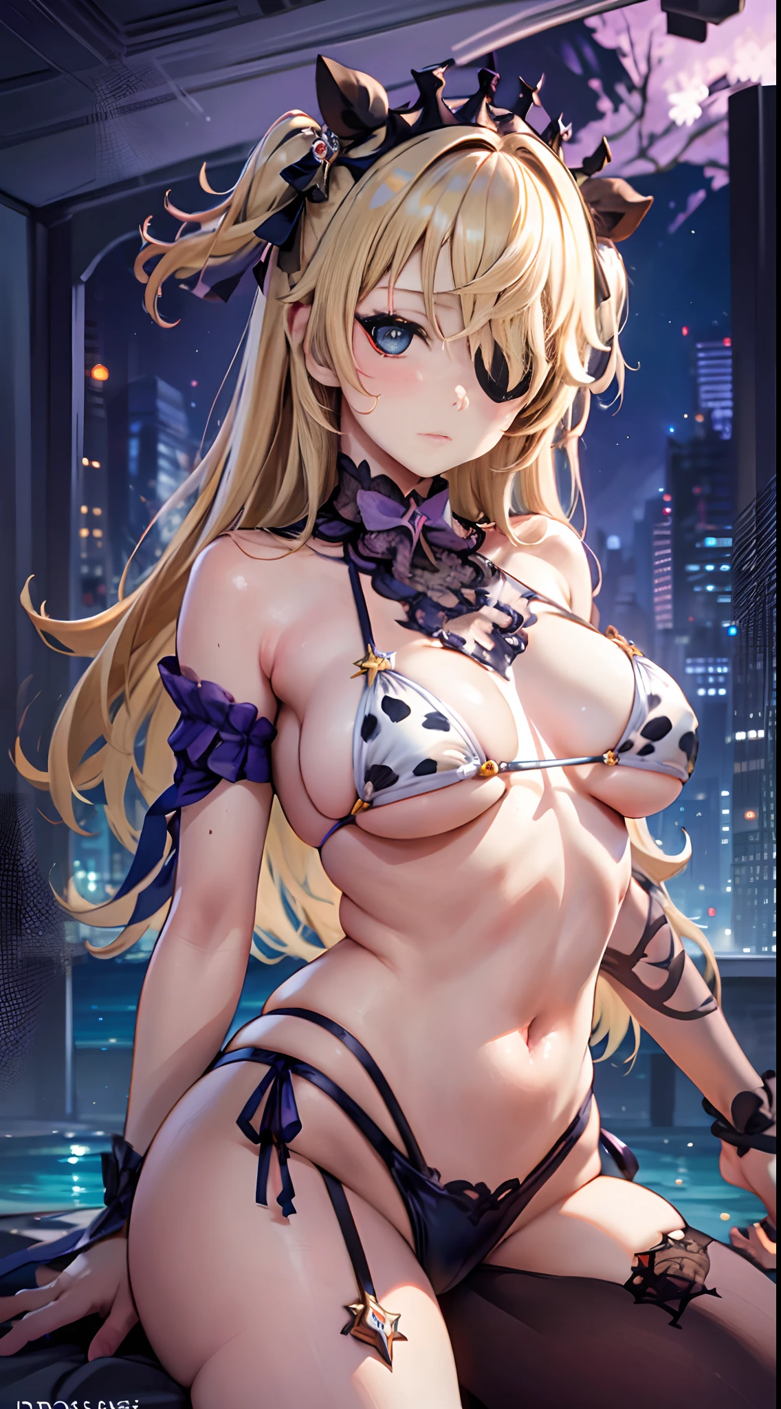 Cheers Saki | Blue Archives, Iwhole Body, (NSTDA.:1.2), (10, beste-Qualit, master-piece: 1.4), ultra-high resolution, (Realistic, photorealistic portrait: 1.48), 20 years old girl , ( Micro Beetle View - Bikini Pass:1.11),Cow's milk bikini print, Famous Japanese celebrities, Blue Eyes, Head Tilted, cowboy shot, View from the front, looking at the audience, expressionless, Beautiful Sea Zeiss f 150mm/ 2.8 Hasselblad, Whole body, foot , Ultra-Wide Angle