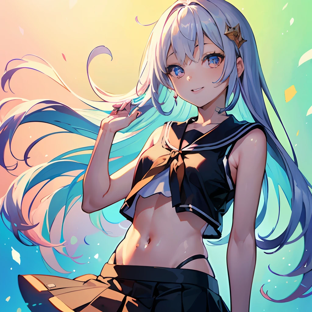 (masutepiece:1.4), (Best Quality:1.3),(Beautiful detailed eyes:1.2), (of the highest quality:1.5),(High resolution:1.5),Best Quality,Ultra-detailed,1girl in,pastel color,Colorful,Beautiful lighting, face,mesugaki,Lori,loliy,Colorful background,Navel,Simle,Happy,Dutch Angle,Mini skirt,