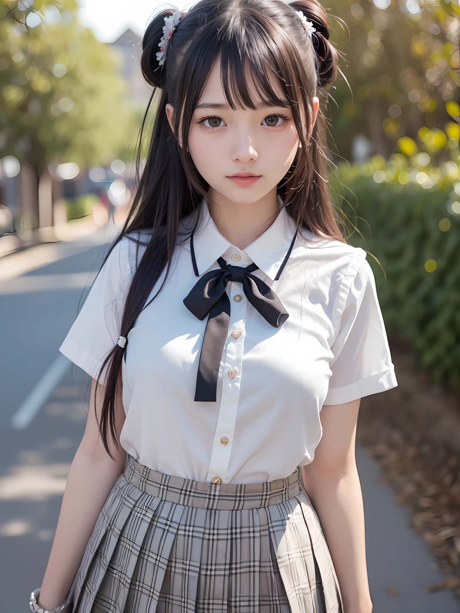 (Realistic, photo-realistic:1.37), unbelievable Ridiculous, (insanely details:1.3), 8K, (Masterpiece), (Best quality:1.4), (超高分辨率:1.2), (RAW photo:1.2), Ultra detailed backgrounds, (Unity 8K wallpaper), 1 nogizaka girl, extremely cute, (bishojo:1.35), (15year old:1.4), (White short-sleeved school uniform), Pleated skirt, Perfect anatomy, Ribbon Ties, Delicate and delicate beautiful face、Eyes and skin, detailed black shine hair, Medium breasts, Smile at the camera, Cowboy shot, The way from school to home, Ultra detailed backgrounds, Professional lighting