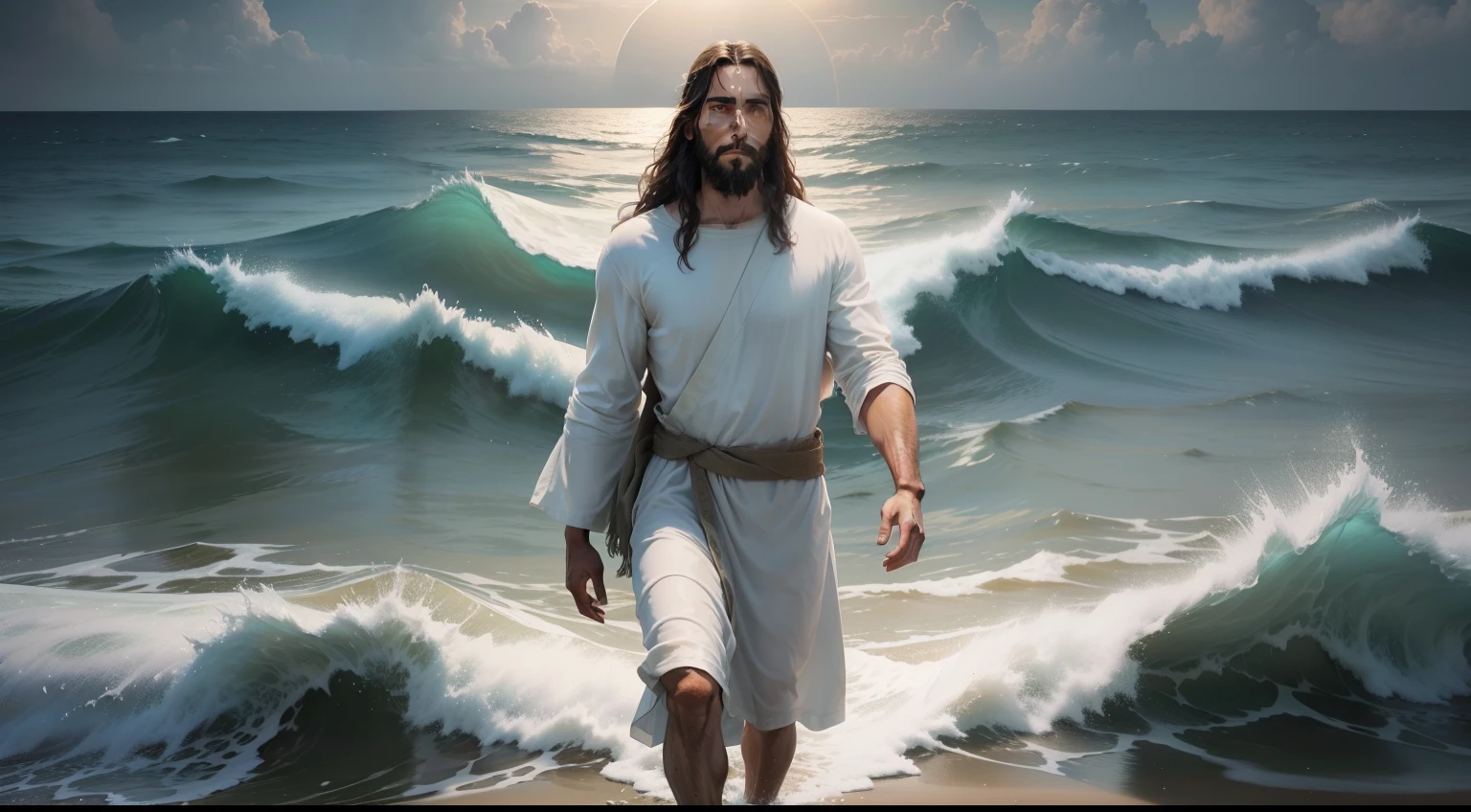 crie uma imagem de Jesus Cristo, with a serene and compassionate face, Walking on the waters of the sea