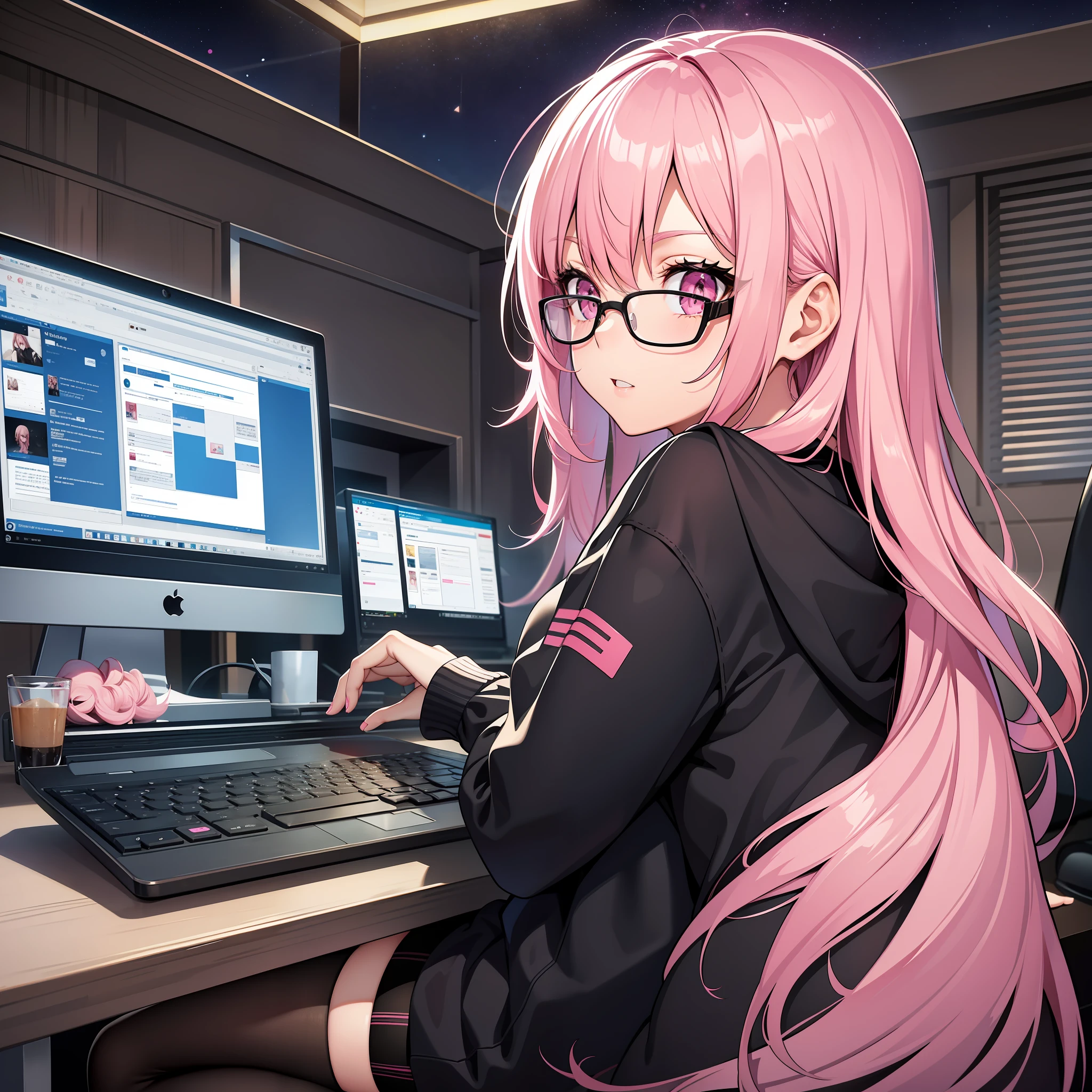 Thirty-year-old woman, glare, long pink hair, pink eyes, white sweatshirt, Half-body tights and black miniskirt, Sit, Playing on the computer, night sky