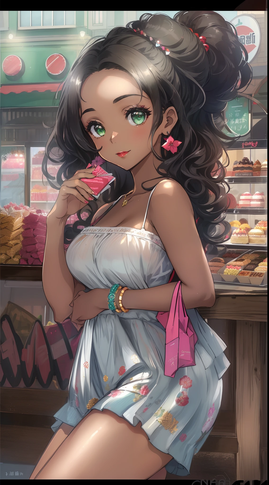 ((((A young woman))), the anime, ( Green eyes), (black hair), Nice face, ssmile, the perfect body, , (((morena))), big breastes, ((tmasterpiece, beste-Qualit)), illustartion, Ультра деталпазированная 8k, Photorealistic, sharp-focus, higly detailed, Professional lighting, Bright make-up, red-lips, Toenails and fingernails are varnished, (dark skin:1,2), short stature, dark skin, Indian woman, African curly hair, Afro-curls,, urban style, casual wear, casual shoes, confectionery, buns, pasties, Cakes, Street, The city, Shops