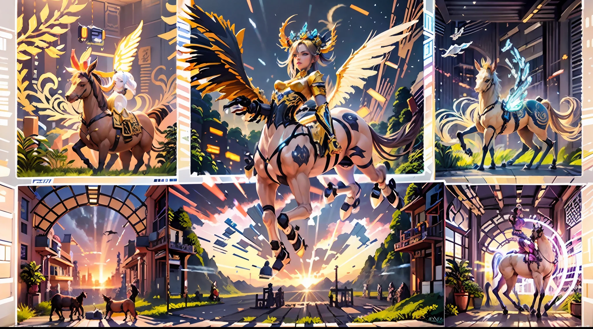 In the beautiful illustration of this super-grand scene,The ultra-long-range lens is shown(Eight unique centaur characters:9.9),They all have their own characteristics,Vivid and interesting。Radiant angelic centaurs from the heavenly realm,To the hellish centaurs surrounded by nightmarish flames,And then to the Wind Immortal Centaur dancing in the air,There are also one-horned centaurs surrounded by thunder and lightning,and mechanical centaurs that shine with metallic light,And then to the powerful dragon centaur with colored dragon scales covering the whole body,The elegant and agile elf centaur always wears a flower crown with its slender and graceful lines,Enchanting and charming Tiflin centaurs。Each character has their own unique charms and abilities。The illustration uses advanced artistic techniques and tools,(Divide the scene into sections by geometric arrangement:9.9),Each section corresponds to a centaur character,This makes more efficient use of space。Through Midjourney's advanced brush tools、Color palette、Material packs and model packs,Exquisite costumes and equipment are designed for each centaur,Enhances the character's personality and visual appeal。The scenery in the illustrations is stunning,There are changing skies、rainbowing、extreme light、Stars and Moon。Incorporating iconic landmarks such as Mount Everest,and fireworks、tranquil lake、Natural and urban elements of waves and neon lights,Creates a magical atmosphere。The centaurs showed off their skills and equipment in a variety of environments,This is true even in extreme alien landscapes。(Use Midjourney's tools、Material packs、Texture tools、The color palette makes depicting details vivid and realistic:9.9),From complex hairstyles and as well as different postures、Form factor、Clothing to real textures,This greatly enhances the realism of the characters and surroundings。The fusion of multiple art styles adds movement to the centaur's movement at all angles,The overall visual experience is further enriched