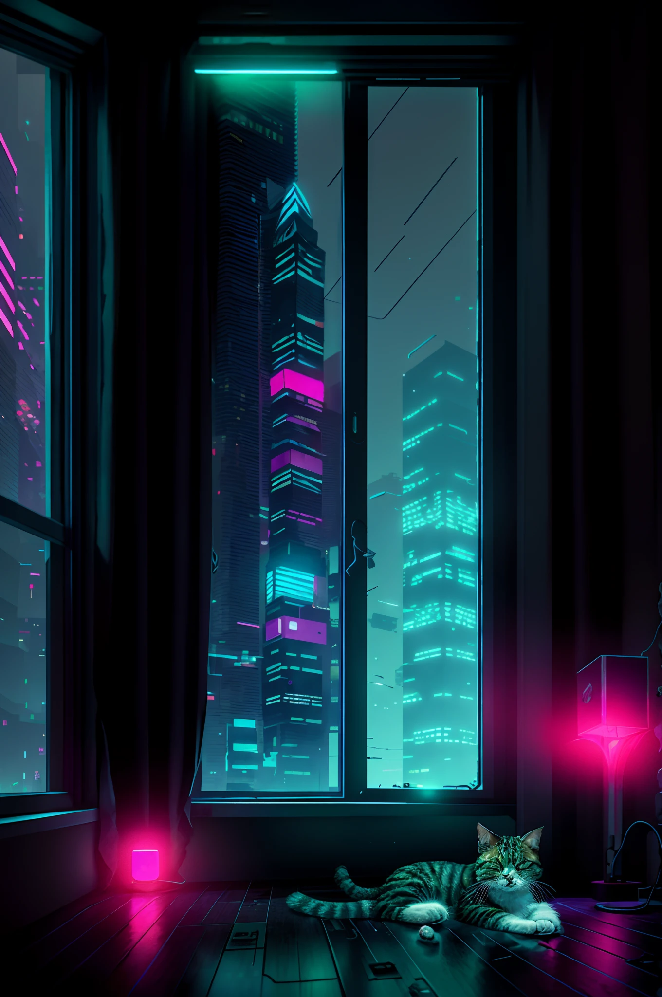 Cyberpunk Style，Lonely lazy cat，The interior is dimly lit，floor to ceiling window，Rained，the night，neonlight，skyscrapper，extreme picture quality，6.43 inches，A picture