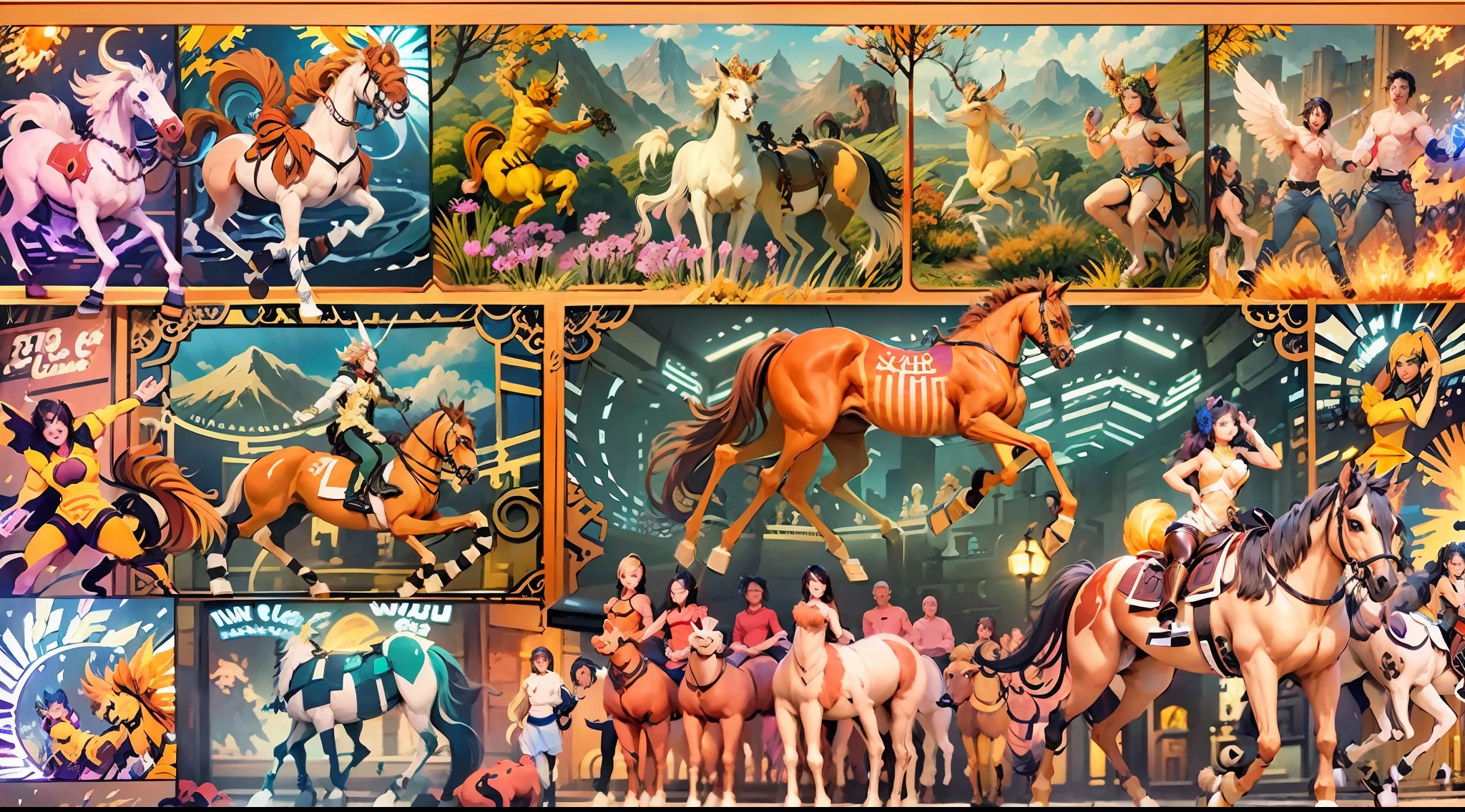 In the beautiful illustration of this super-grand scene，The ultra-long-range lens is shown（Eight unique centaur characters：9.9），They all have their own characteristics，Vivid and interesting。Radiant angelic centaurs from the heavenly realm，To the hellish centaurs surrounded by nightmarish flames，And then to the Wind Immortal Centaur dancing in the air，There are also one-horned centaurs surrounded by thunder and lightning，and mechanical centaurs that shine with metallic light，And then to the powerful dragon centaur with colored dragon scales covering the whole body，The elegant and agile elf centaur always wears a flower crown with its slender and graceful lines，Enchanting and charming Tiflin centaurs。Each character has their own unique charms and abilities。The illustration uses advanced artistic techniques and tools，（Divide the scene into sections by geometric arrangement：9.9），Each section corresponds to a centaur character，This makes more efficient use of space。Through Midjourney's advanced brush tools、Color palette、Material packs and model packs，Exquisite costumes and equipment are designed for each centaur，Enhances the character's personality and visual appeal。The scenery in the illustrations is stunning，There are changing skies、rainbowing、extreme light、Stars and Moon。Incorporating iconic landmarks such as Mount Everest，and fireworks、tranquil lake、Natural and urban elements of waves and neon lights，Creates a magical atmosphere。The centaurs showed off their skills and equipment in a variety of environments，This is true even in extreme alien landscapes。（Use Midjourney's tools、Material packs、Texture tools、The color palette makes depicting details vivid and realistic：9.9），From complex hairstyles and as well as different postures、Form factor、Clothing to real textures，This greatly enhances the realism of the characters and surroundings。The fusion of multiple art styles adds movement to the centaur's movement at all angles，The overall visual experience is further enriched