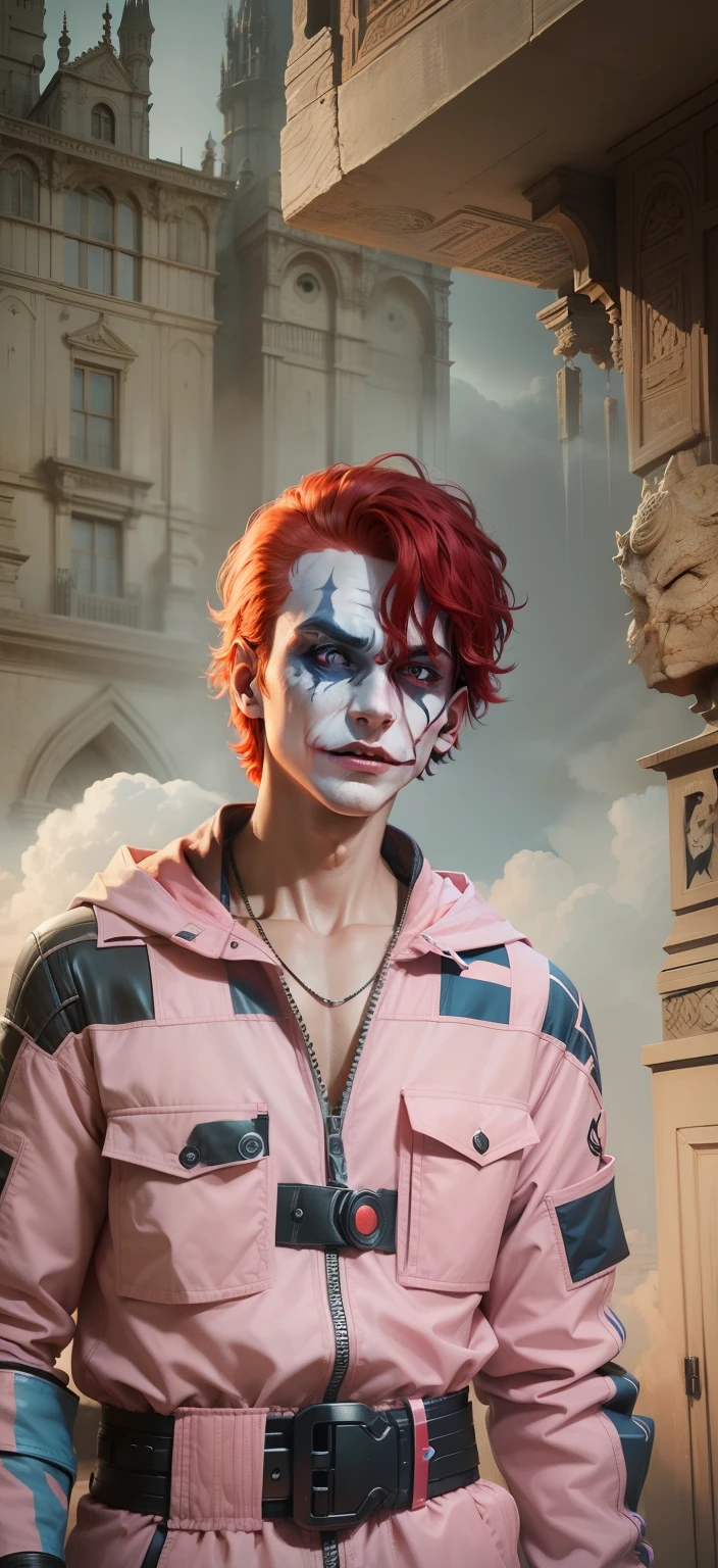 Boy With ??? futuristic Devi background realistic joker face , bule red hair ultra high quality HD