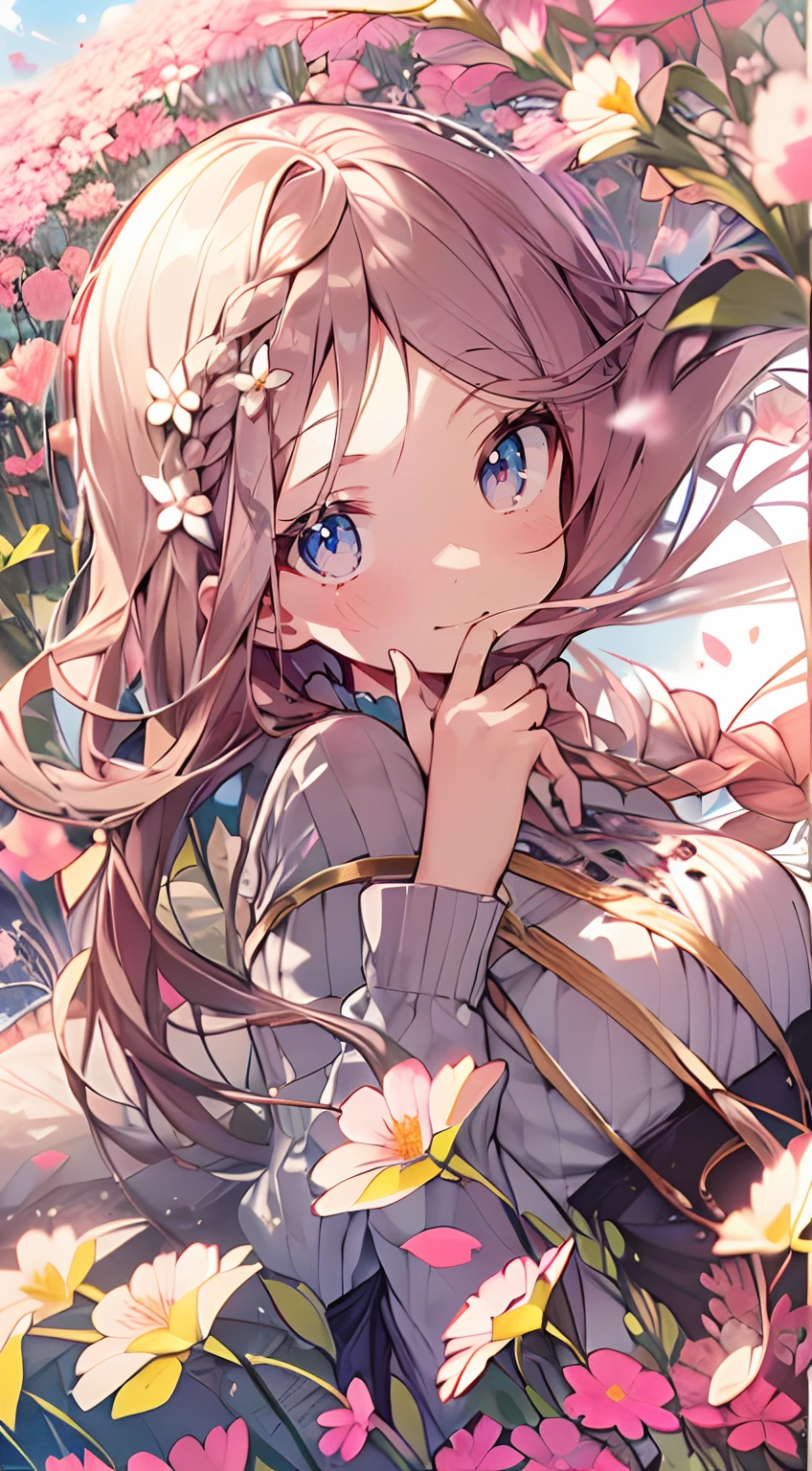 masutepiece, Best Quality,Illustration, Wallpaper, Ultra Detail, Absurd beauty、1 beautiful girl、 (Semi-long hair、short braided hair), Beautiful ultra-detailed eyes , Hair fluttering in the wind、Keep your head small、flower field、great outdoors