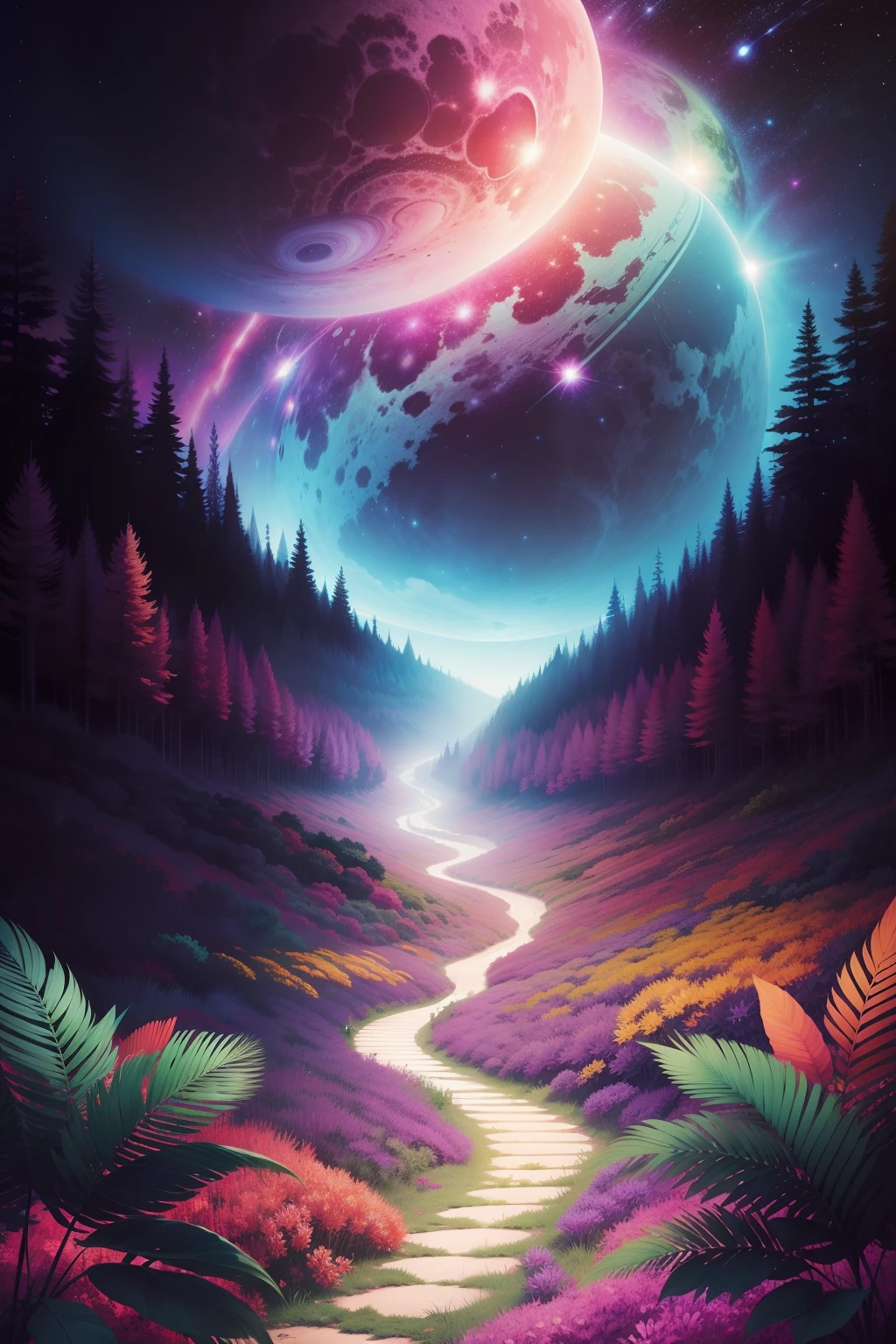 Create a psychedelic illustration of a lot, Paisagem bonita, luzes vibrantes, Natureza, heaven, stars, planets