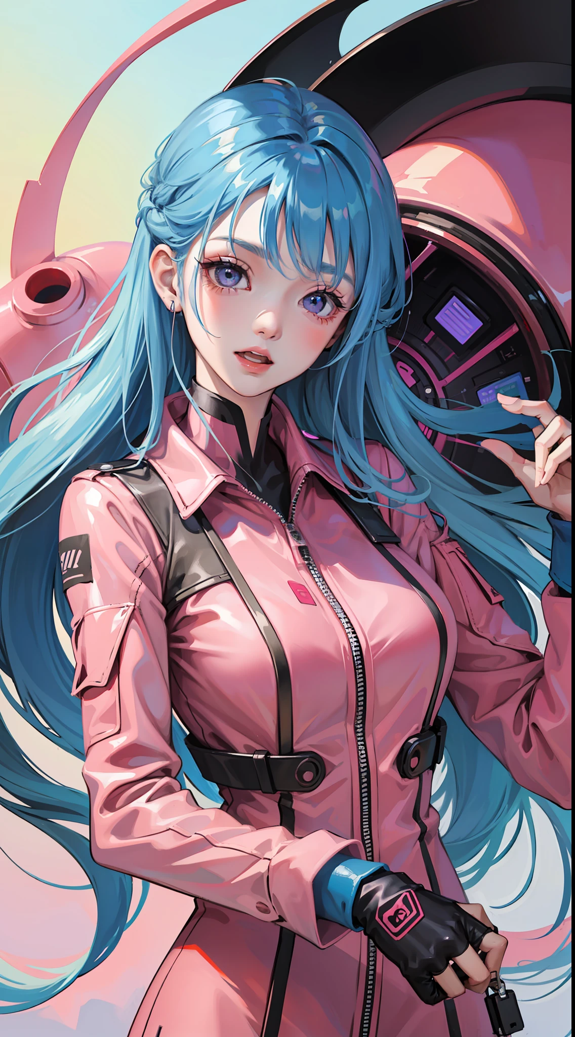 young girl, long blue hair, red eyes, ssmile, opened mouth, pink plugsuit, Masterpiece, hiquality