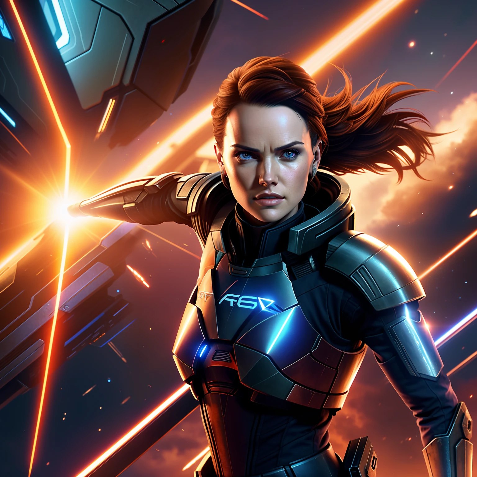 a close up of Daisy Ridley in a futuristic suit with a sci - fiction style background, mass effect fantasy, commander shepard, femshep, shepard fairy style art, mass effect style, mass effect inspired, mass effect, mass effect artifacts, wearing mass effect armor, inspired by Eve Ryder, epic scifi character art, hq 4k phone wallpaper, jen bartel