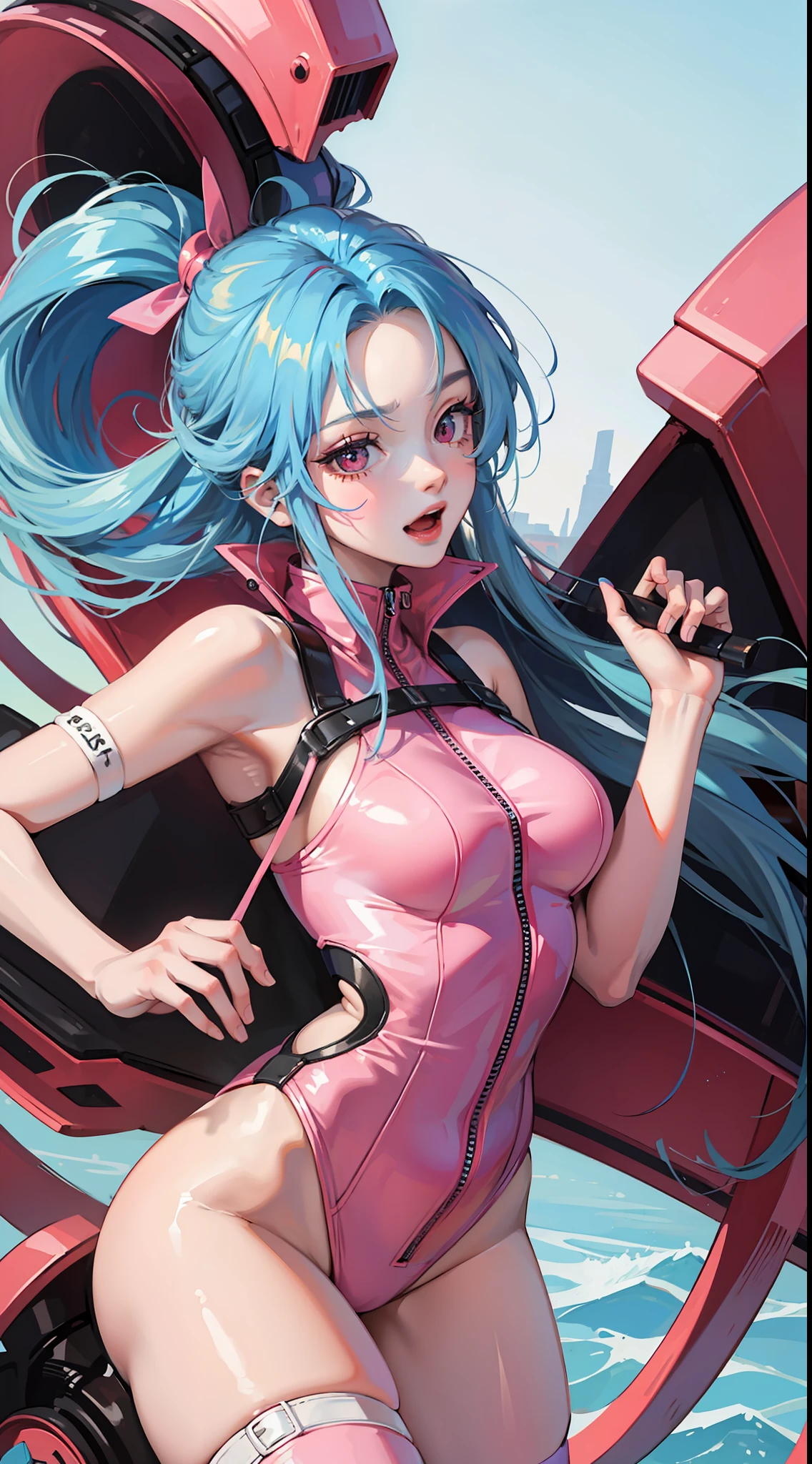 young girl, long blue hair, red eyes, ssmile, opened mouth, pink plugsuit, Masterpiece, hiquality