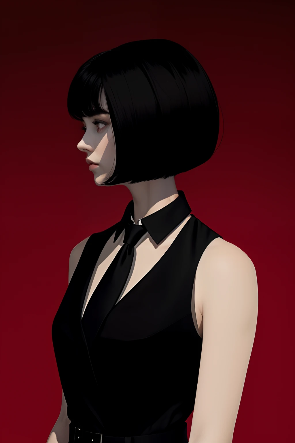 a 1girl, body complet, very detail, a lot of details, very extremely beautiful,  ((tmasterpiece, minimalism)), (Short Hair Hair), black necktie, Red shirt, black coat, bright colours, looks into the distance,