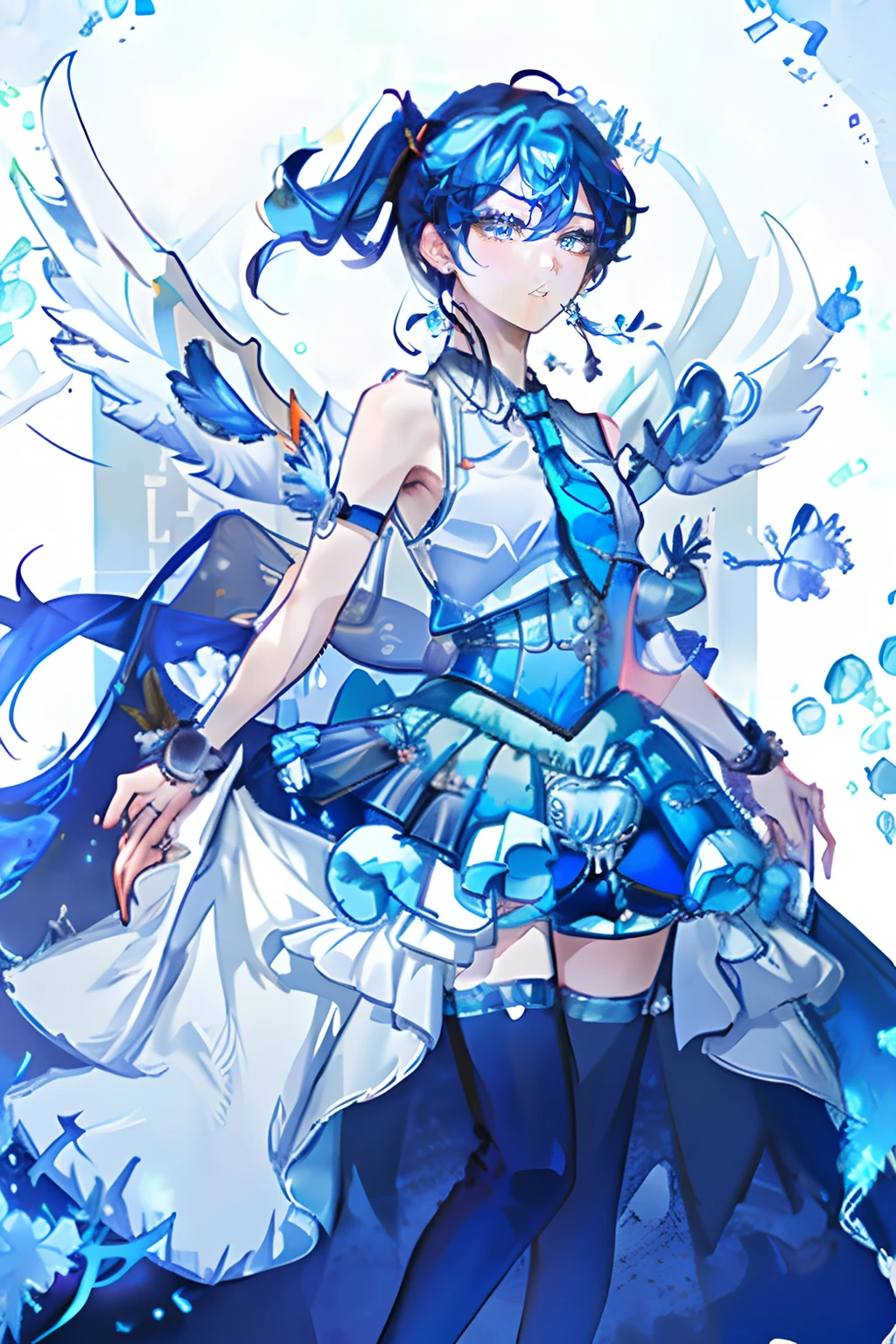 masterpiece, best quality, highres, ba1, 1boy, solo, jewelry, necktie, skirt, sleeveless, blue necklace, choker, black thighhighs, shirt, blue shorts , skirt_tail, wings, four-leaf clover_facial_tattoo, standing, outdoors,CuteTraps, Angry , Pout, ponytail