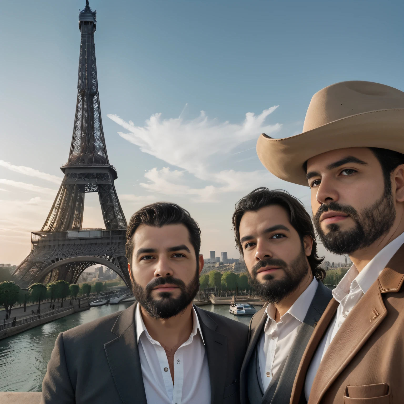 Tres Hombres Atractivos cerca de la Torre Eiffel, brown-hair, Pose atractiva, Sun behind, Vista atractiva