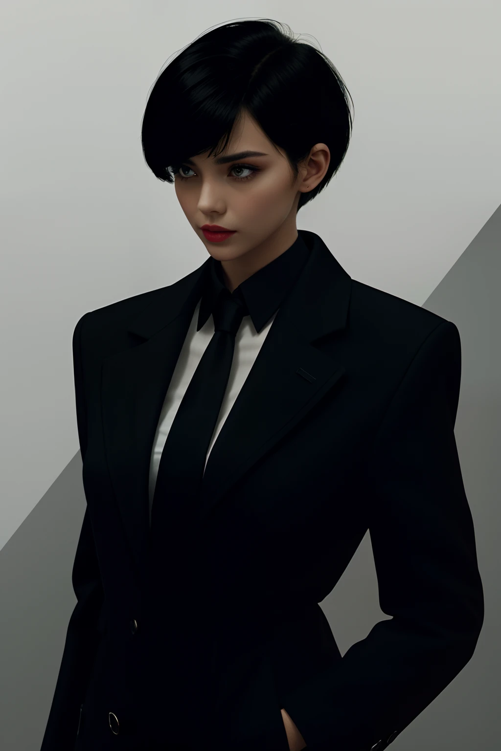 a 1girl, body complet, very detail, a lot of details, very extremely beautiful, ((tmasterpiece, minimalism)), (Short Hair Hair), black necktie, Red shirt, black coat, bright colours, looks into the distance,