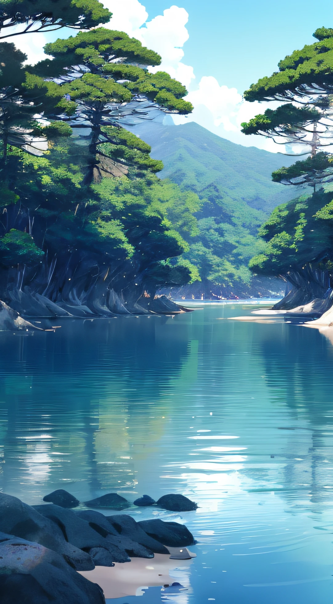 Japanese landscape、A sandbar stretching into the sea、Pine tree forest on sandbar、Standing Girl、Wide sky、blue open sky、Large clouds、Wide blue sea、Some smaller islands々Scattered oceans、Land far away、夏天、Tilt the horizon slightly、Broad perspective、Majestic panorama、HD Detail、Hyper-detailing、movie、Soft light、Deep field focus bokeh、Ray traching、