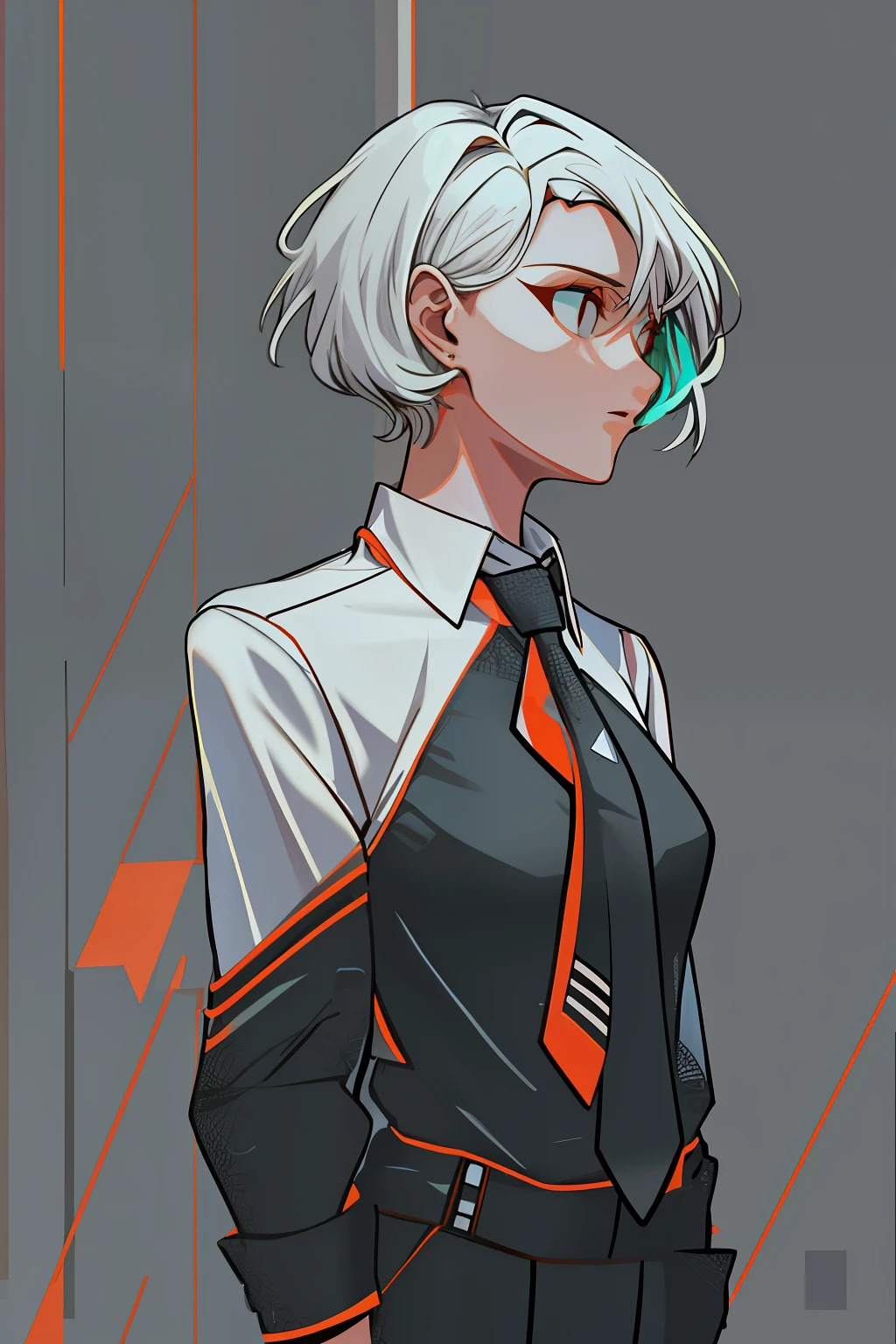 a 1girl, body complet, very detail, a lot of details, very extremely beautiful, ((tmasterpiece, minimalism)), (Short Hair Hair), black necktie, white shirt, bright colours, looks into the distance,