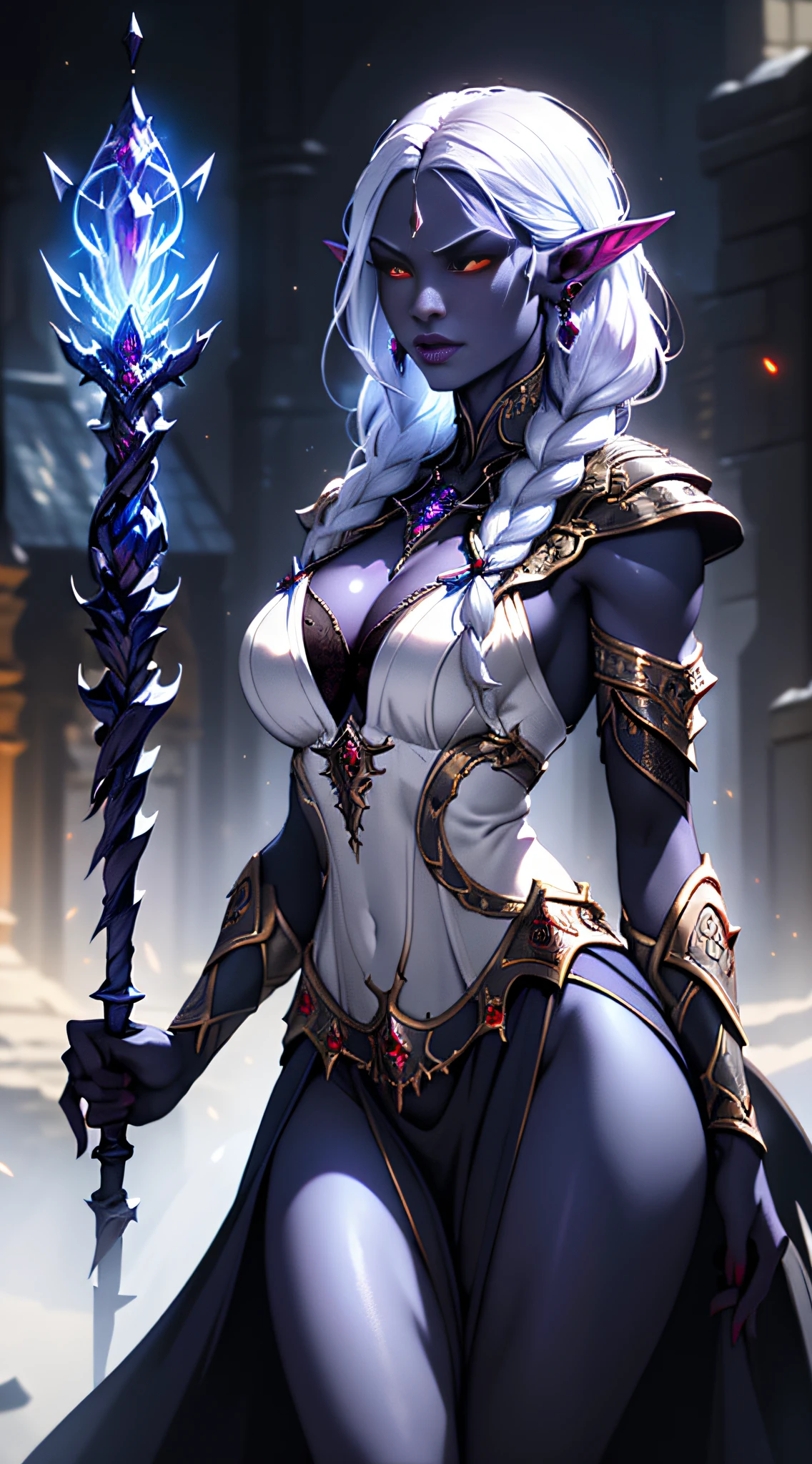 1girl, sexy drow, dark purple-blue skin, pale silver long elaborate braids, ((red eyes)), jewels, elf ears, earrings, ((white sorceress sexy dress)), ((wields staff)), ((cast light magic)), on a roof of scyscraper, athletic, volumetric lighting, best quality, masterpiece, realistic, anatomically correct, (strong cinematic lighting), stunning details, intricate details, 8k post-production, High resolution, super details, trending on ArtStation, sharp focus, depth of field f/1.8, studio photos, (((looking at camera)))