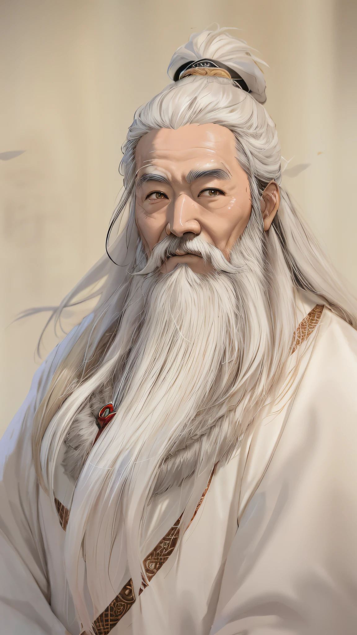 Asian people（Older men），The upper part of the body，strong lights，Background bokeh，depth of fields，blur backgroun，light particules，strong winds， （Heart particles：1.1），long white hair and beard，wearing long white togas, Inspired by Hu Zaobin, detailed white long hair, inspired by Li Cheng, inspired by Wu Daozi, inspired by Dong Yuan, white long beard，Close-up on the front Taoist