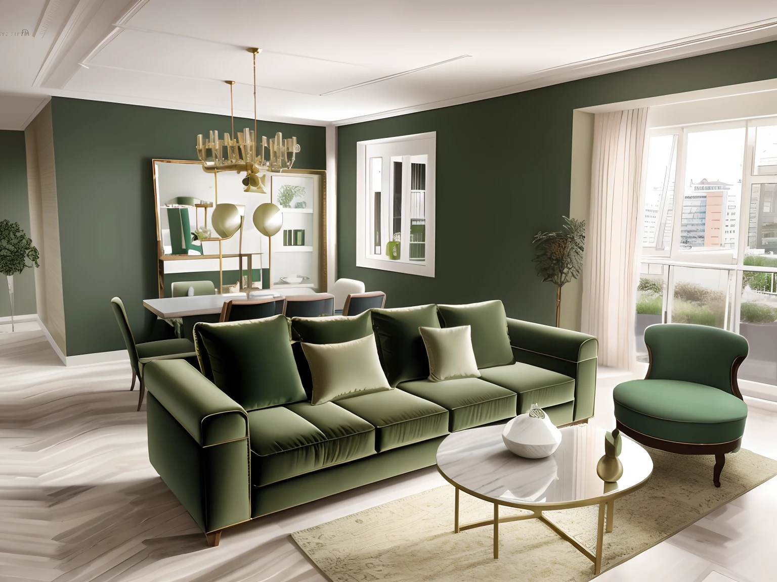 morden style，Green sofa and table，a large living room，an elegant green，fresh modern look，Shot with the Canon 80D，Natural light background，Green accent lighting，fancy apartment，liveroom，Shot with Sony α9，Shot with Sony A7R camera。