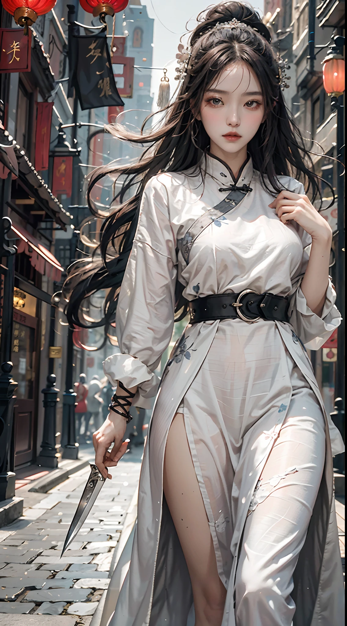 Masterpiece, Best Quality, Night, Full Moon, 1 Girl, Mature Woman, Chinese Style, Ancient China, Sister, Royal Sister, Cold expression, expressionless face, Silver white long haired woman, Light pink lips, Calm, Intellectual, Three belts, Gray pupils, Assassin, Short knife, Flower ball background, Strolling in the street scenery