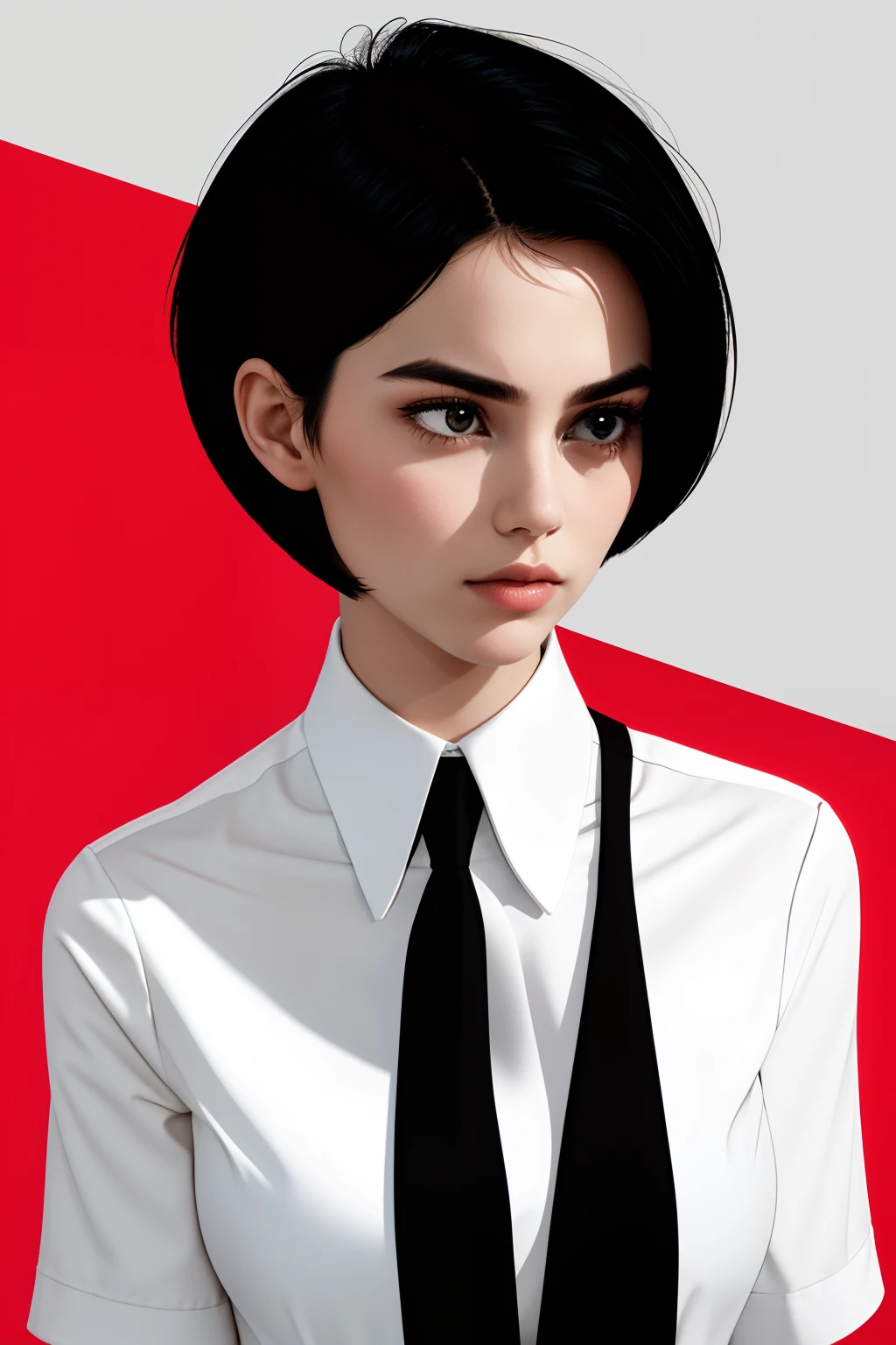 a 1girl, body complet, very detail, a lot of details, very extremely beautiful, ((tmasterpiece, minimalism)), (Short Hair Hair), black necktie, Red shirt, bright colours, looks into the distance,