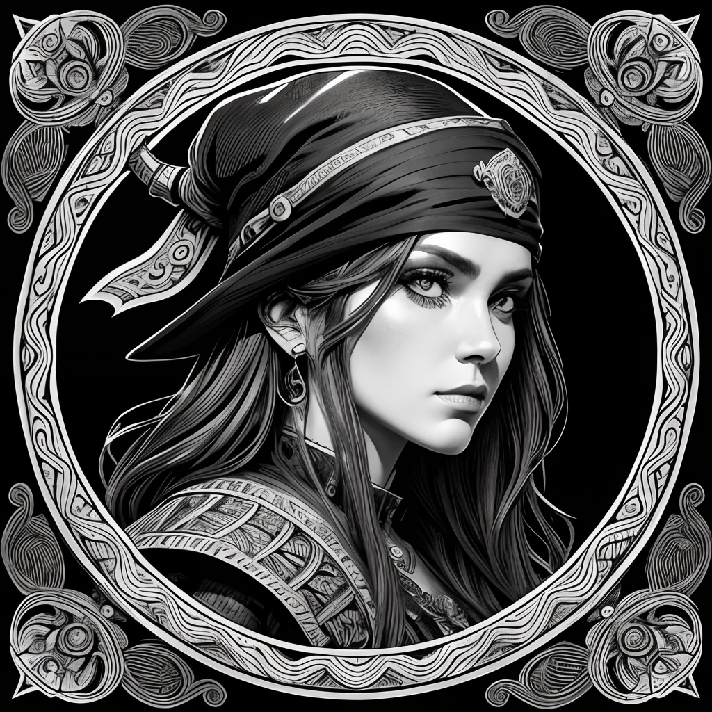 Centred potrait of a female Pirate, black and white, zentangle (best quality) ultra-detailed, fine line drawing, fine line art, coloring book illustration style, intricate linework, highly detailed illustration, perfect composition, beautiful and stunning, dynamic angle, high contrast, incredible shading, incredible detail, unique style, black and white details, (dark and mystical atmosphere), intricate and detailed nature elements.