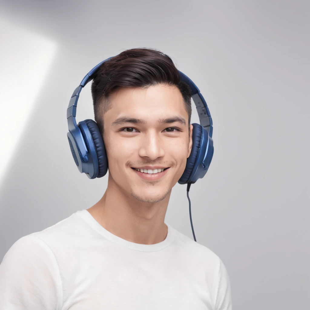 (Professional 3D rendering:1.3) by (Realistic:1.3) Young 22 year old man with navy blue hair, smiling and happy expression, wears headphone around his neck, futuristic technology room background in white color, full body 8k render