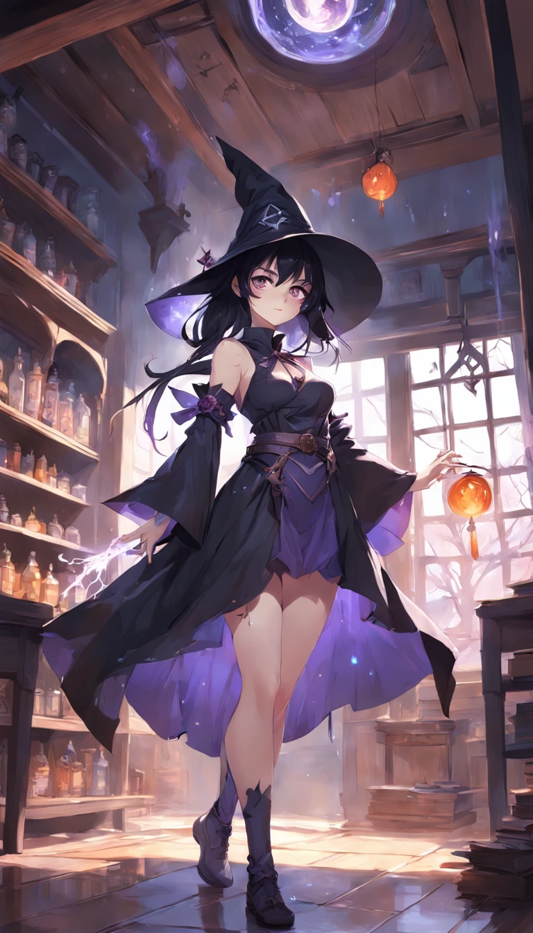 anime girl in a witch costume standing in a room with a window, black - haired mage, witch girl, flirty anime witch casting magic, she is in the potions workshop, artwork in the style of guweiz, beautiful cowboy witch, witchy, a witch, a beautiful sorceress, witch academia, witch, by Yang J, classical witch,Immersive setting| video game| protagonist| White Witch 1|3| unique power| Void Energy| environment| notable landmarks| terrain| weather conditions| obstacles| enemies| player| vivid language| scene| engage| imagination|, V0id3nergy , (white witch:1.3)