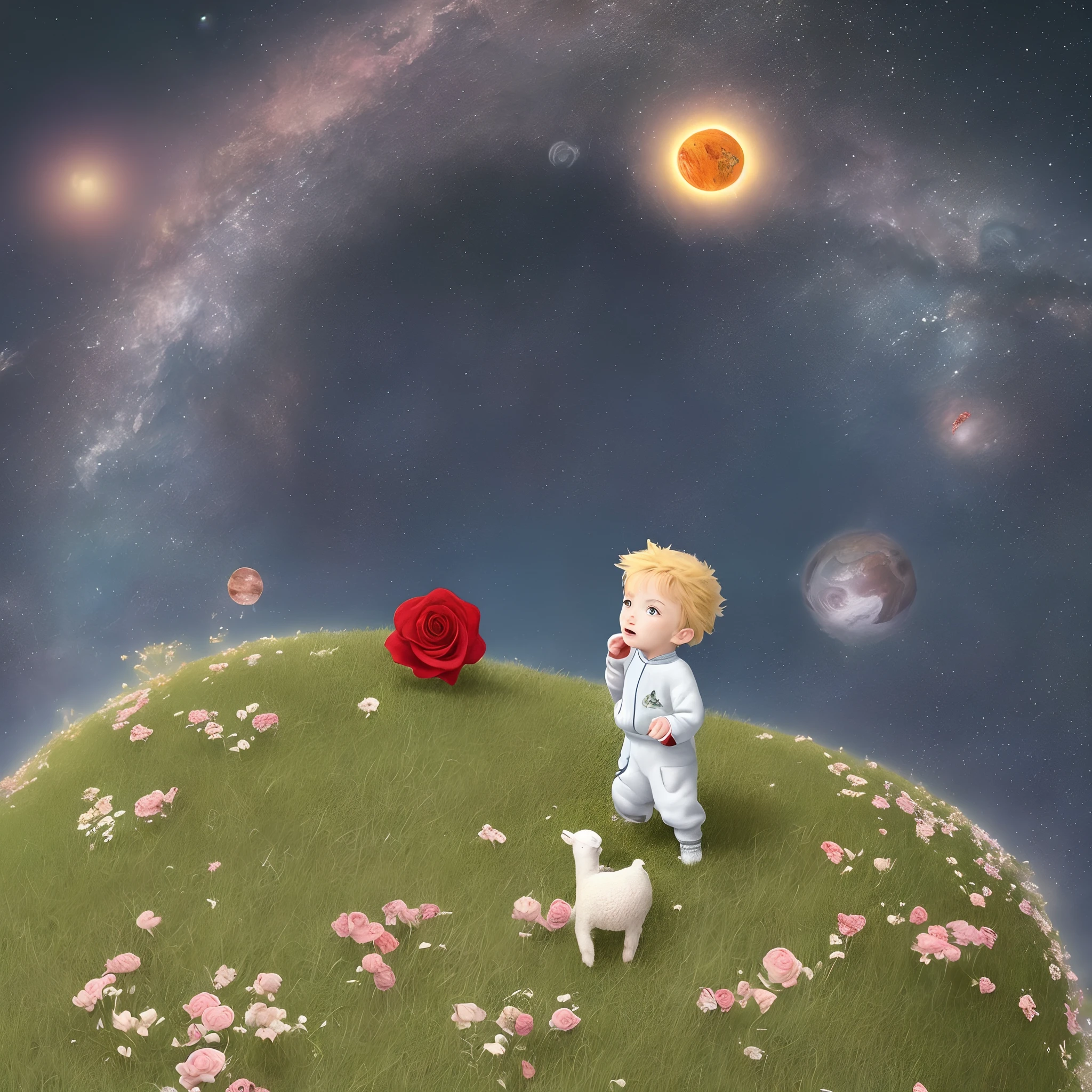Picture an illustration for the fairy tale The Little Prince, where the main character with his friends a little rose and a lamb on a tiny planet, The little prince in a tracksuit