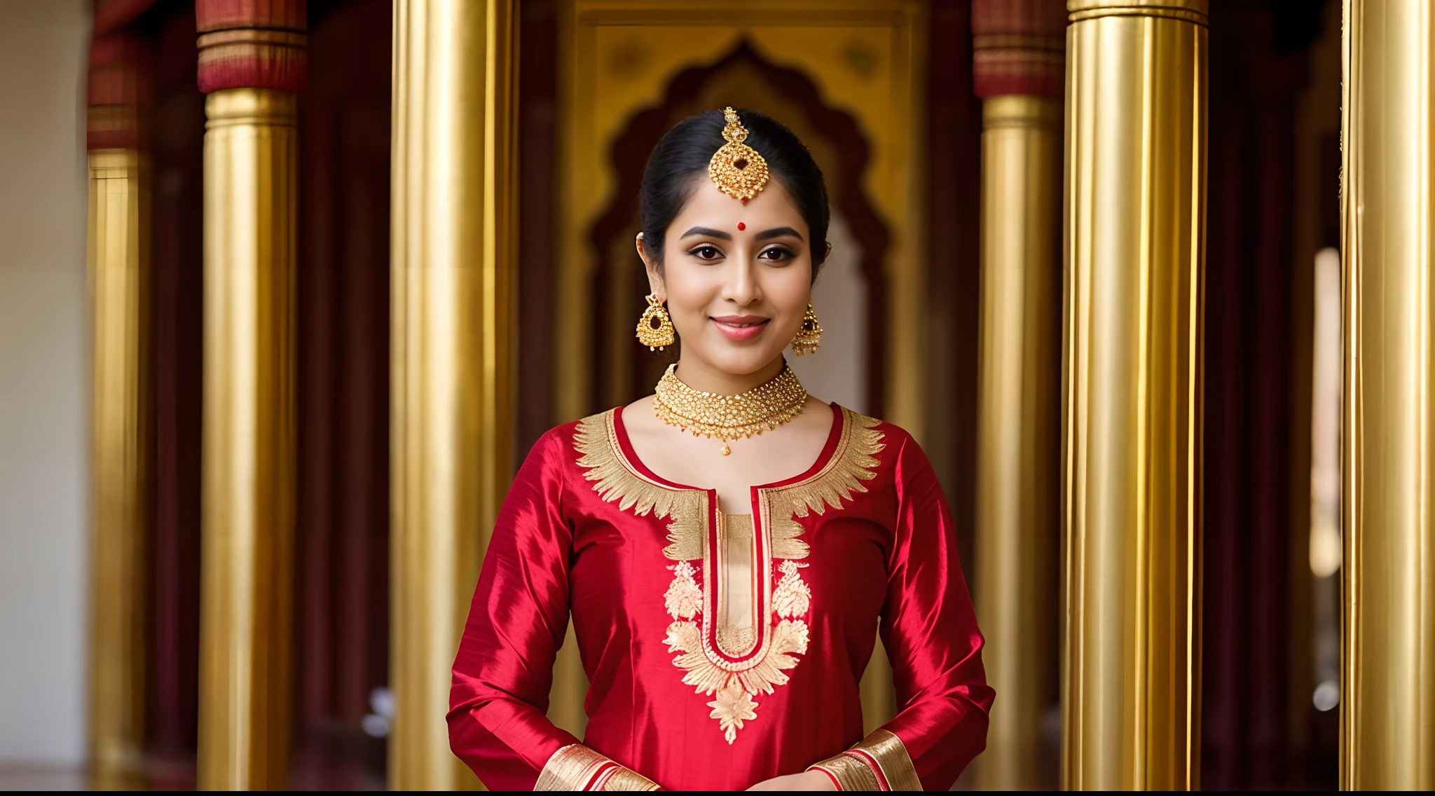 instagram photo, a woman in a gold and red outfit posing for a picture, wearing a silk kurta, gold clothes, gilded outfit, intricate clothing, wearing beautiful clothes, very beautiful enga style, gold suit, traditional clothing, traditional clothes, intricate silk clothing, wearing a kurta, embroidered brocade robes,