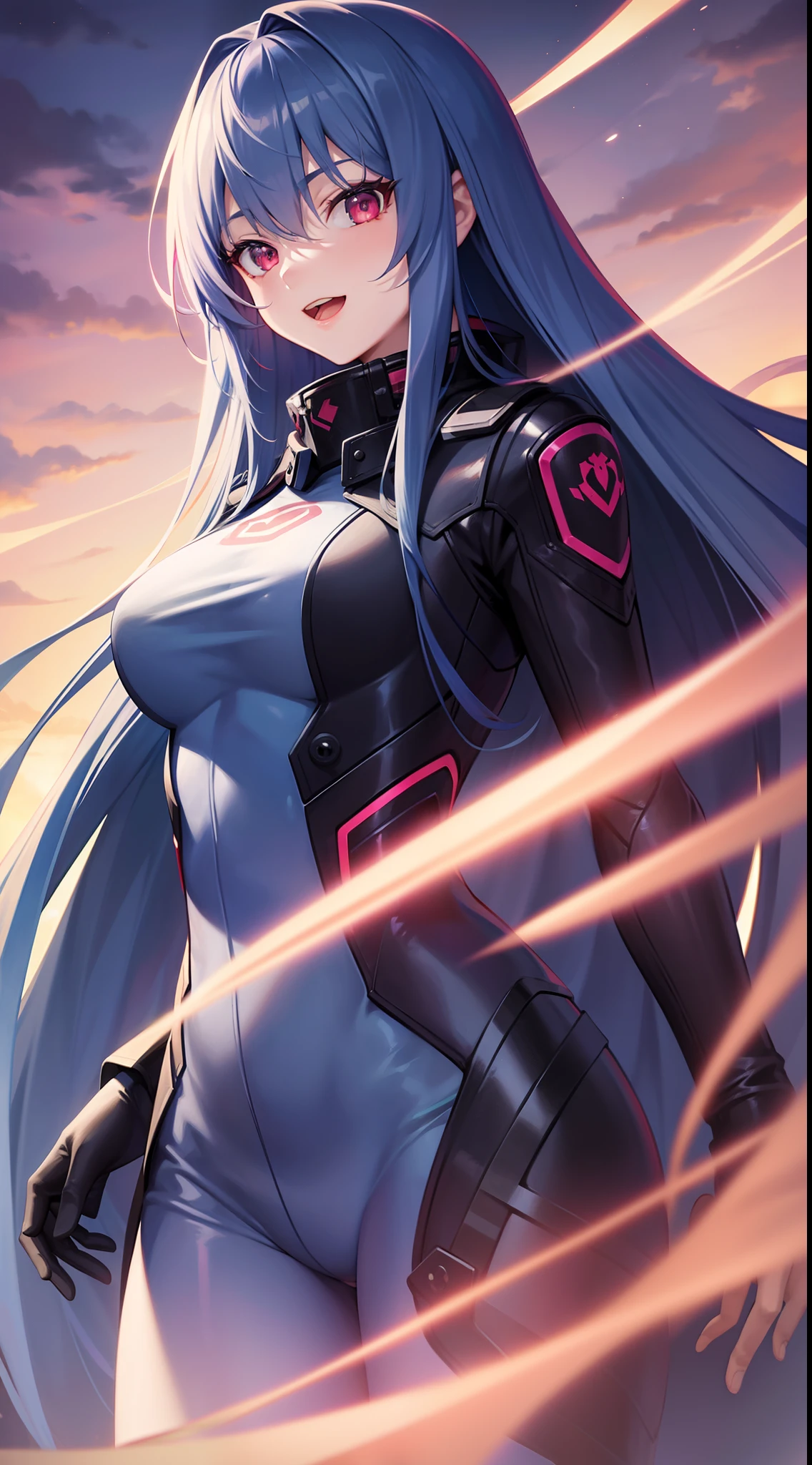 young girl, long blue hair, red eyes, ssmile, opened mouth, Pink Plug Suit, Masterpiece, hiquality