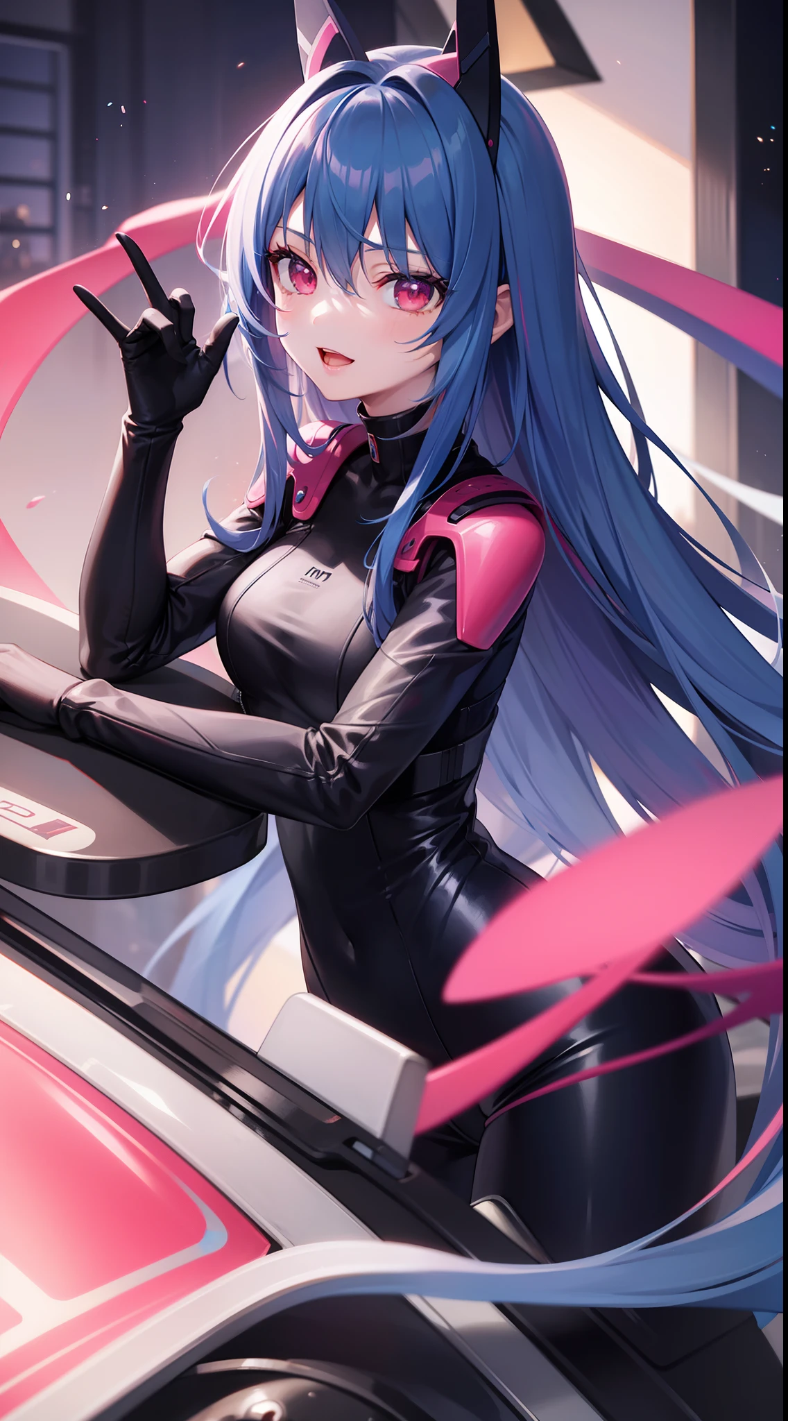 young girl, long blue hair, red eyes, ssmile, opened mouth, Pink Plug Suit, Masterpiece, hiquality