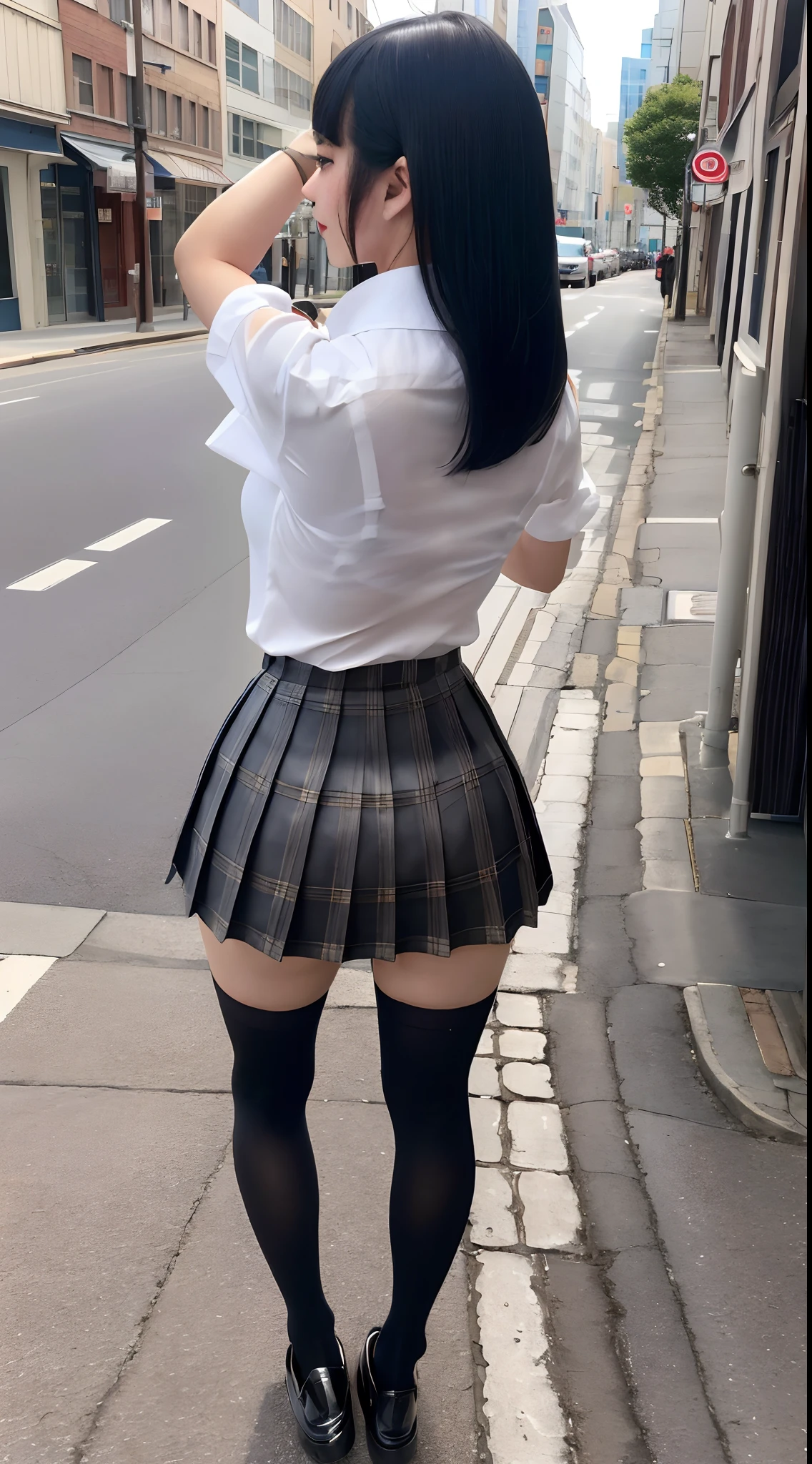 (8K, 超A high resolution, Best Quality, masutepiece:1.2),(18year old:1.2)、(Look away)、8K、RAW portrait of japanese girl、Photorealsitic、超A high resolution、top-quality、 (huge-breasted、Close all buttons on the shirt:1.4)(student clothes、Pure White Cutter Shirt、Pleated mini-skirt:1.4)、(in a street、Backshots、posterior view:1.3) BREAK (Natural Skin Texture、Detailed skin、Hyper-Realism、ultra sharpness)、intricate detailes、depth of fields(Large opening in the thigh:1.4)Pure White Cutter Shirt、(Put a white shirt inside the skirt:1.3)、Show the armpits、Plaid pleated skirt(Long black hair straight、Shiny legs、Black loafers、Black stockings:1.3)