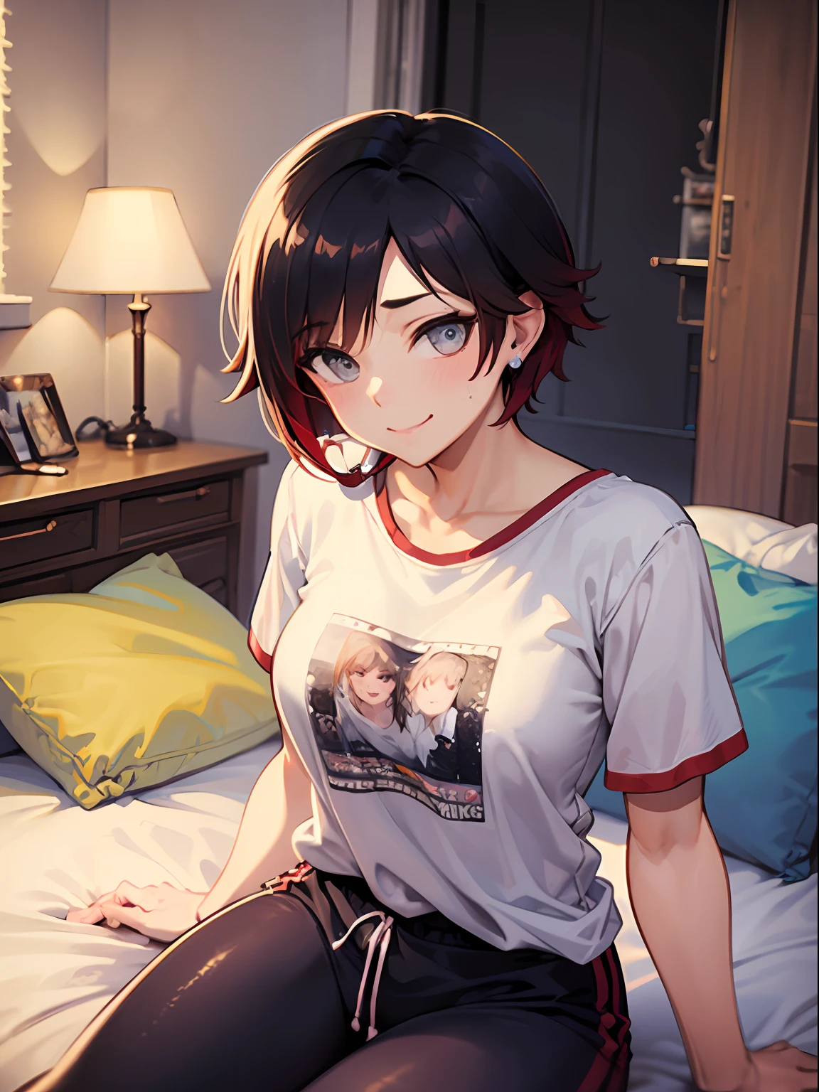 (Masterpiece, Best Quality:1.2), Cowboy shot, 独奏, 1girl, Ruby Rose, Smile, looking a viewer, earphones, Nightie, t shirt, black sweatpants, wide thighs, bed room, Erotica