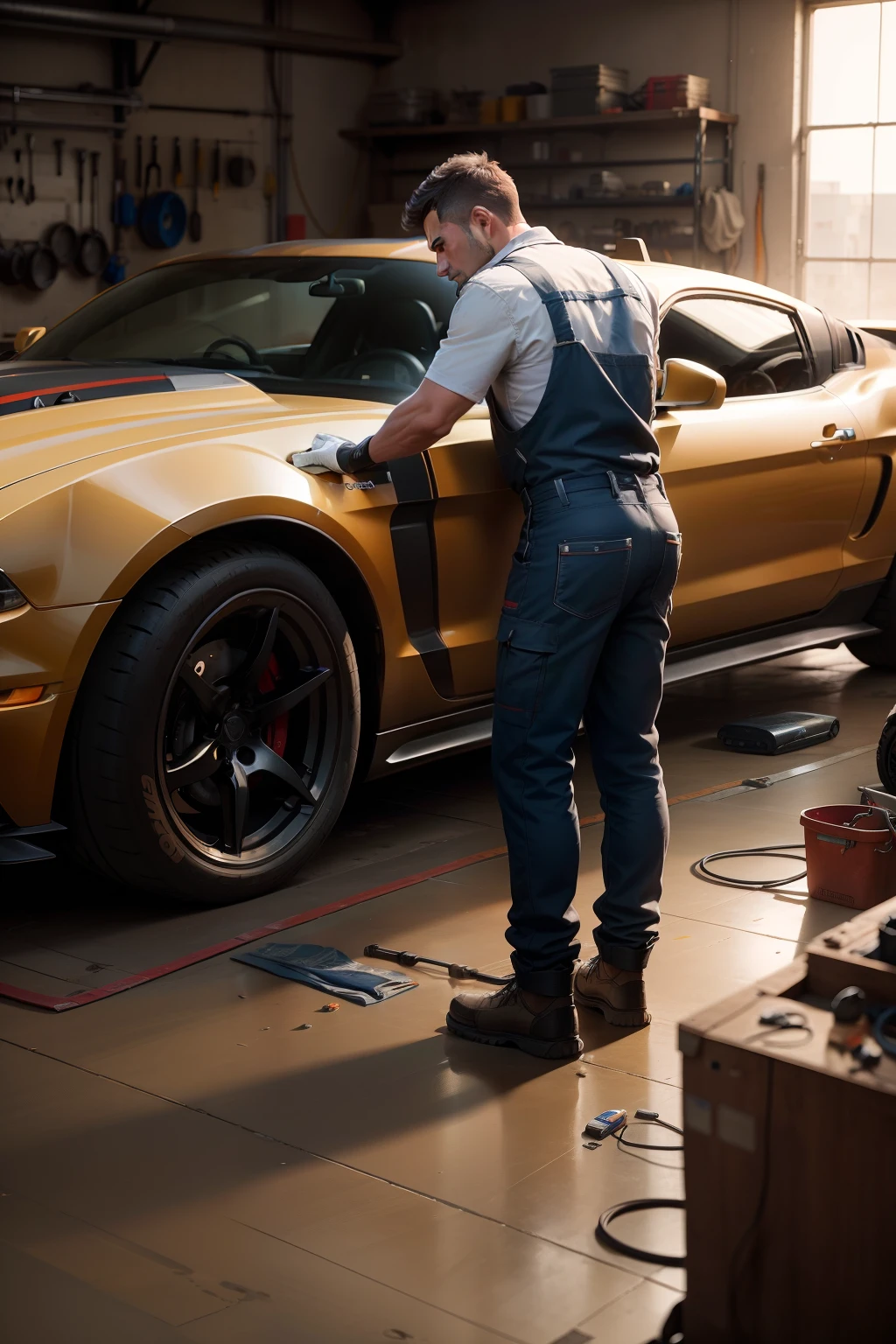 Mechanic in the workshop tinkering with the car facing a mustang