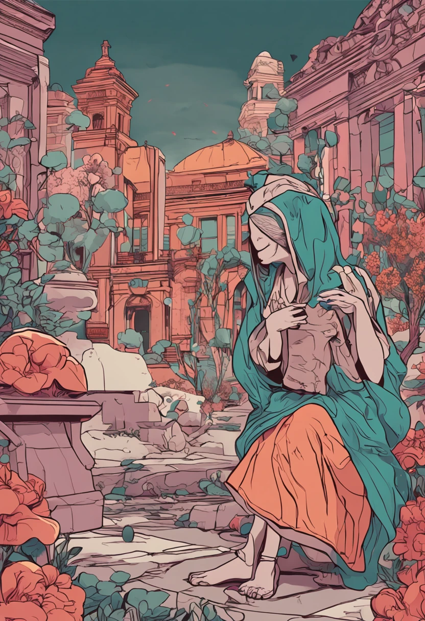 In a cemetery,There was a woman,She is giving birth to a baby。Anime-style lines,Exaggerated colors。
