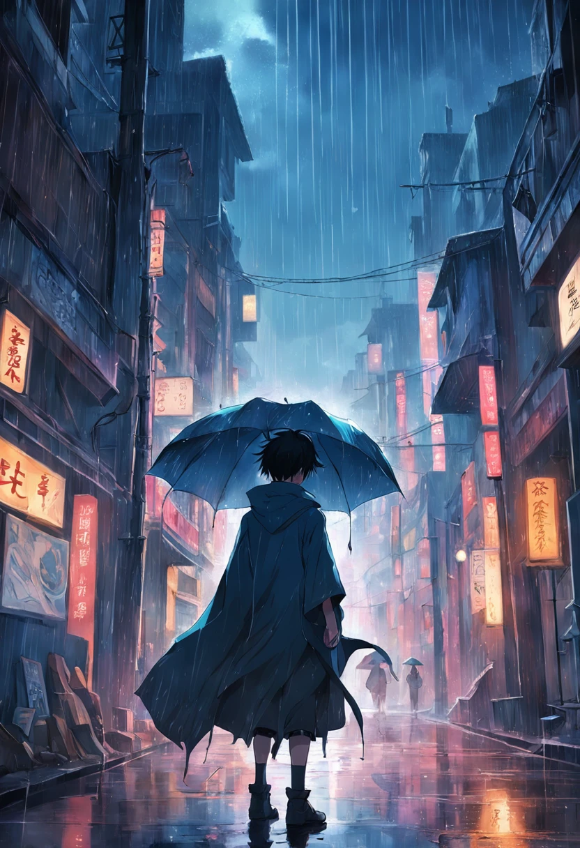 rainy days，A man in a cloak looks at the ruins