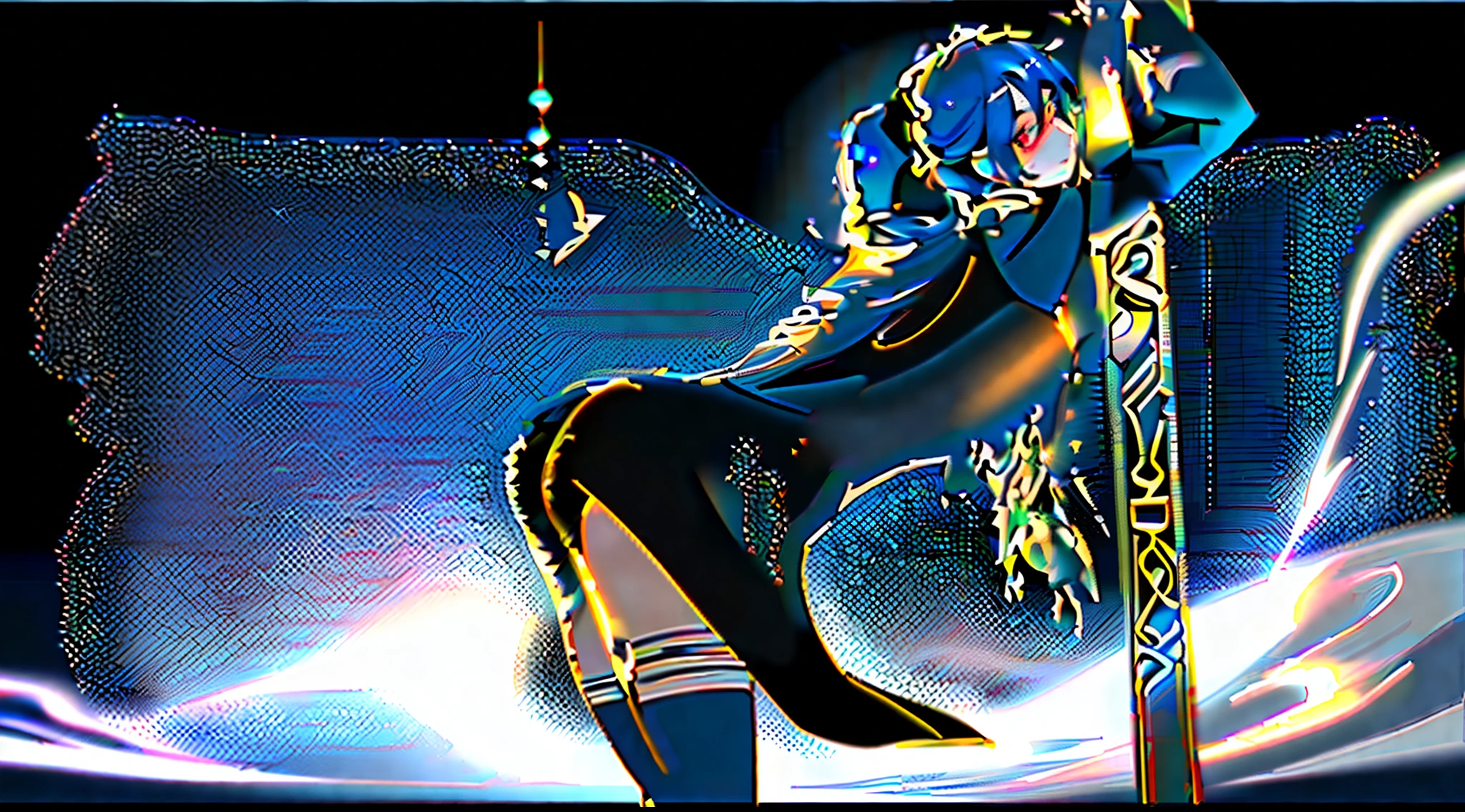 there is a woman that is leaning against a pole, back light, backlighted, beautiful backlight, beautifully backlit, beautiful backlit, dramatic backlighting, dramatic backlight, backlit glow, back lit, extreme backlighting, backlight glow, beautiful glowing backlit, backlight, sexy girl, back - lit, backlighting, back lighting (Golden Ratio:1.2),(rose graffiti:1.2),(fault color:1.3),[(white background:1.4)::10], (full body:1.2),(ultra-detailed:1.3),(tarot:1.6),(the magician (tarot):1.6), (paper:1.2),(fairy:1.6),(fairy wings:1.2),full body, standing in the air,(cool:1.2),(red long hair),(butterfly hair ornaments),(flower hair ornaments:1.0),((sandal,Locket)),(colorful cocktail long dress:1.0)+(Loose sleeves coat :1.3)+(floting colorful tassel and ribbon :1.2),(White stockings:1.2), (colorful ink paper flower grow on the face:1.2),(colorful flower sea:1.3), (chaotic geometric images:1.3),(nagative space:0.8),(drawing board:1.3), (ether colorful ink flowing:1.3)