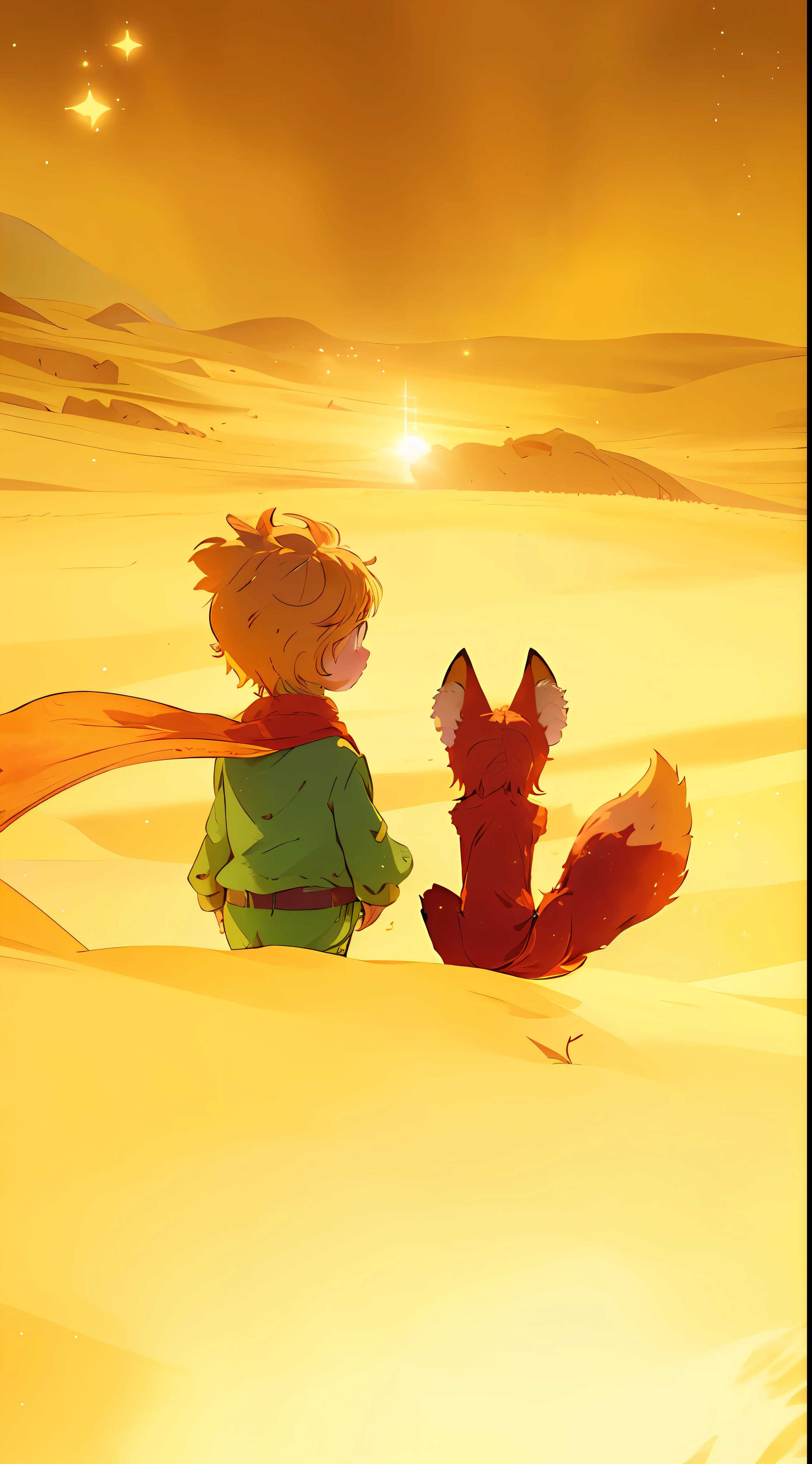 there is a picture of a little boy and a fluffy fox sitting on a sand hill, the little prince, illustration!, key art, artistic render, animated film, official art, perfect crisp sunlight, remaster, epic art, movie promotional image, animation film, promotional art, fan art, a masterpiece of storytelling, digitally remastered, tintin, artistic rendering, promo art