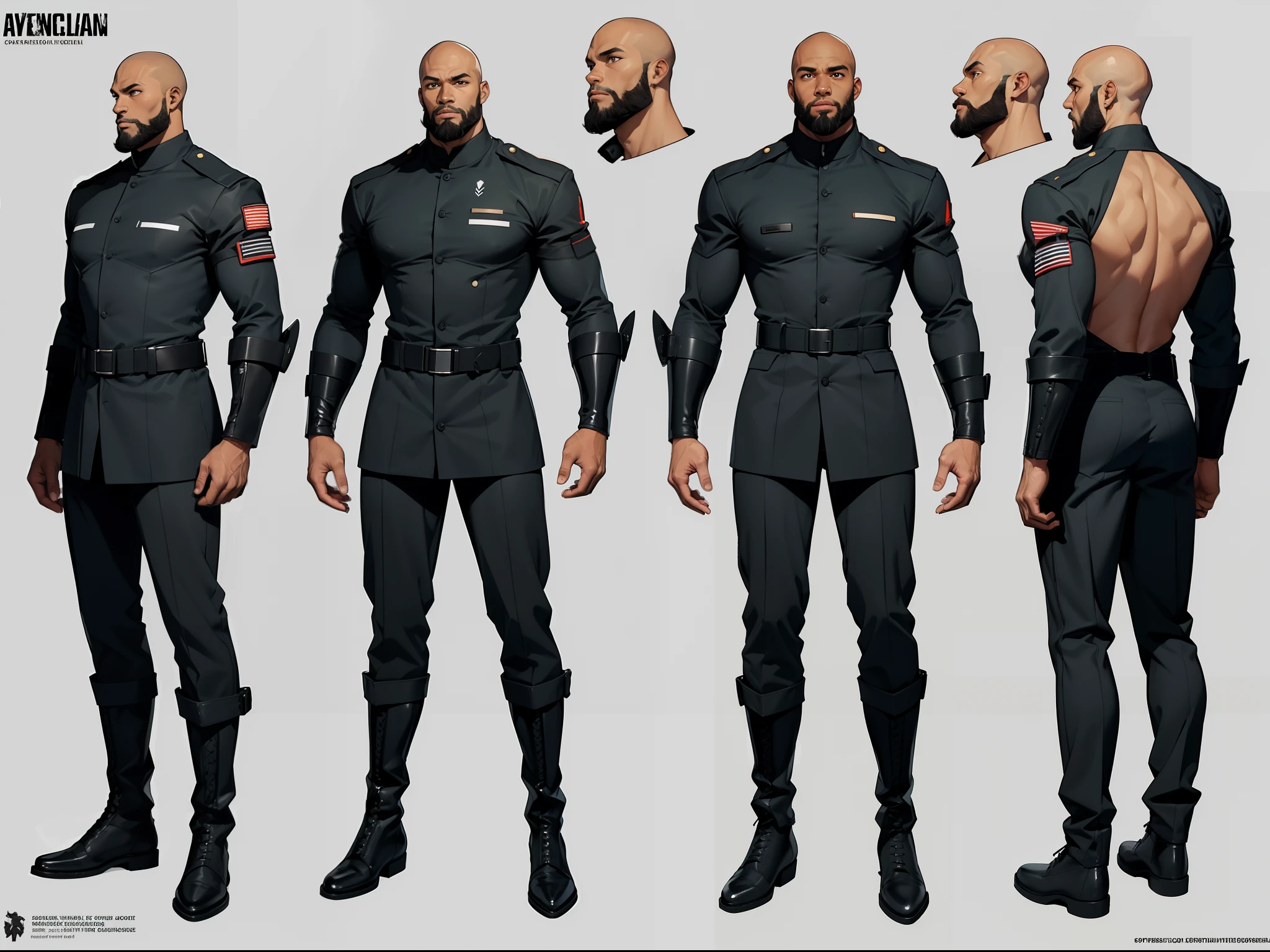 A tall, muscular, bald black man, 36 years old, stylish large beard, tall boots, futuristic Scandinavian spaceship military attire, various angles, (front, back, side), model sheet, reference sheet.