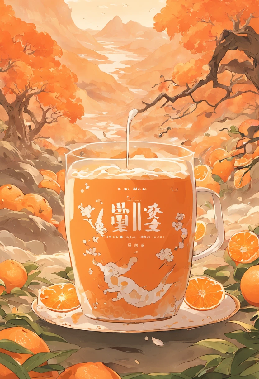 orange colors,milk tea,Flat illustration style,senior color matching,exquisitedetails,Dunhuang wind,National style,China-style,landscape painting,Milk tea packaging design with buns