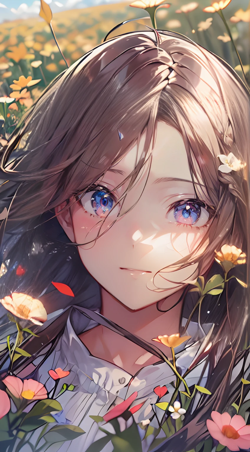 masutepiece, Best Quality,Illustration, Wallpaper, Ultra Detail, Absurd beauty、1 beautiful girl、 (Semi-long hair、short braided hair), Beautiful ultra-detailed eyes , Hair fluttering in the wind、Keep your head small、flower field、great outdoors