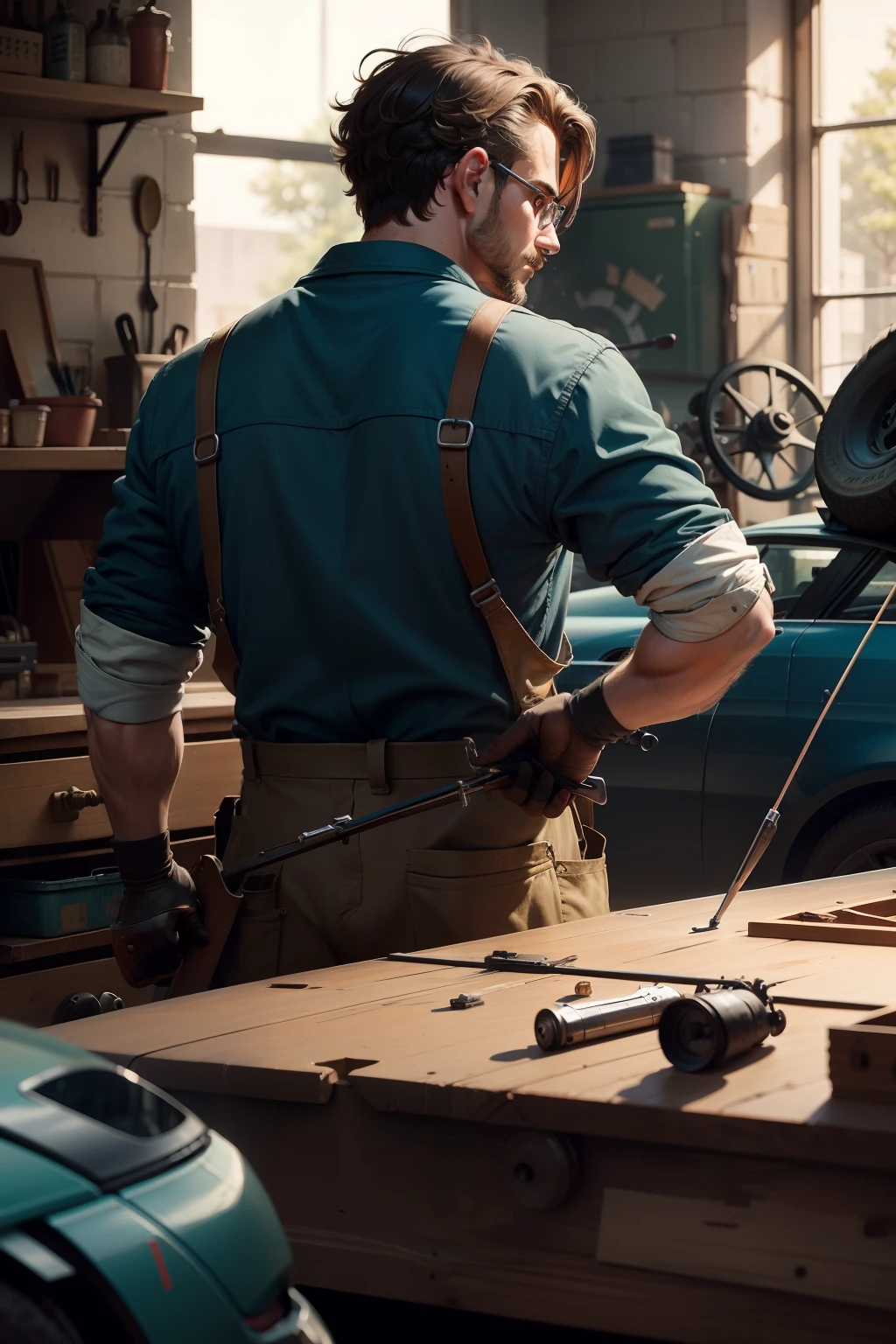 Mechanic in the workshop fiddling with the car facing a painting car