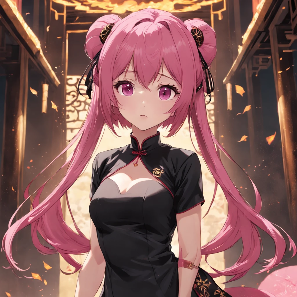 Pink hair，blacksilk，on cheongsam，With a hat on，adolable
