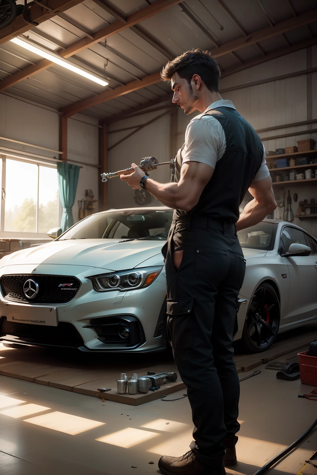 Mechanic in the workshop fiddling with the car facing a painting car