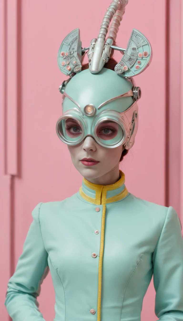 8k portrait of a 1960s science fiction film by Wes Anderson, pastel cores, rosa, amarelo, azul, verde, There are people wearing strange futuristic chameleon masks and wearing extravagant retro fashion outfits and men and women wearing alien makeup and old ornaments with mechanical pets in the cafeteria, Luz Natural, Psicodelia, futurista estranho, fotorrealista, hiper detalhado, foco nítido, Intrinsic, Fuji filmes 55mm,